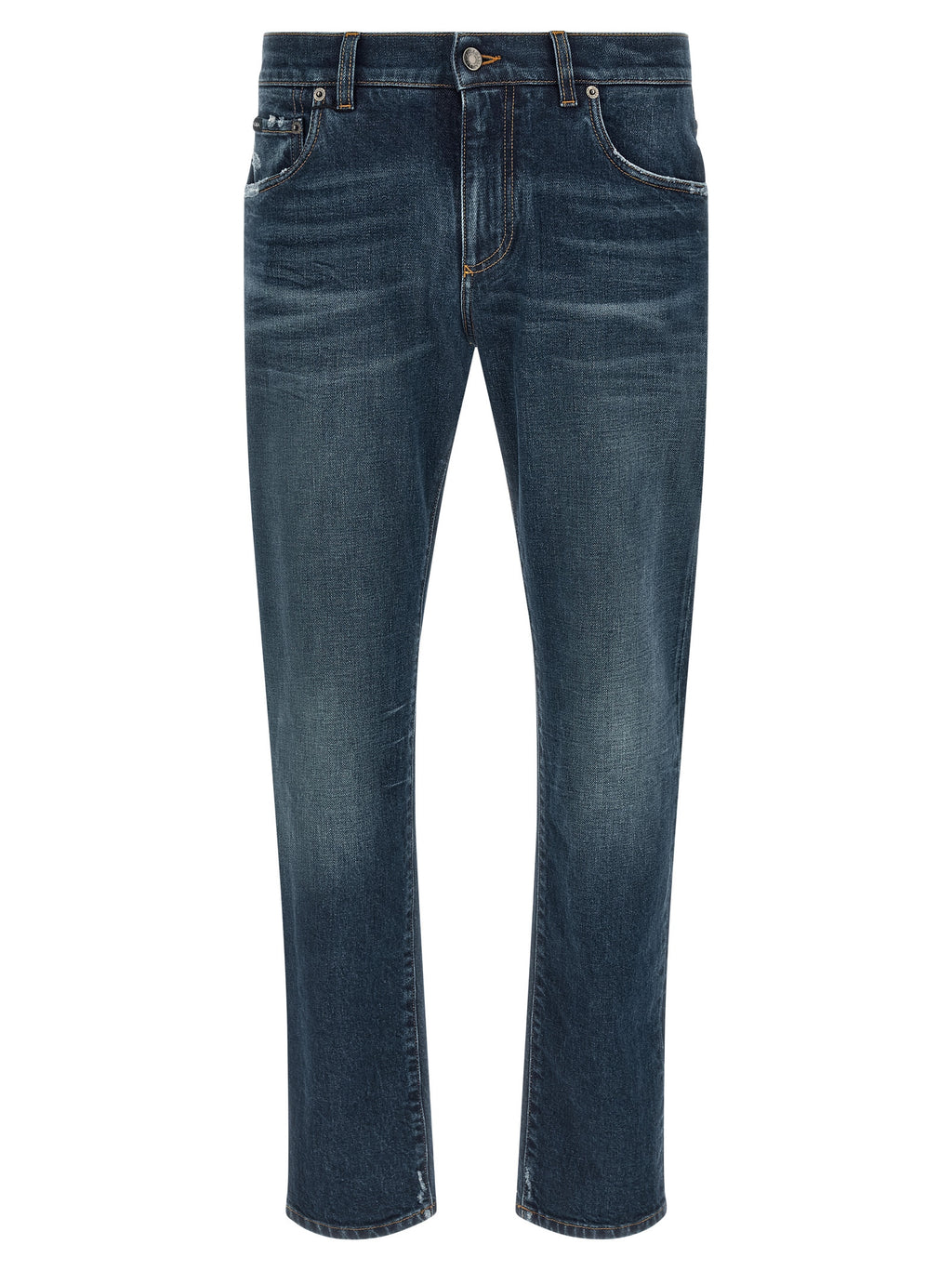 Jeans en denim bleu Dolce & Gabbana en coton, coupe classique avec détails en denim visible sur l'image.