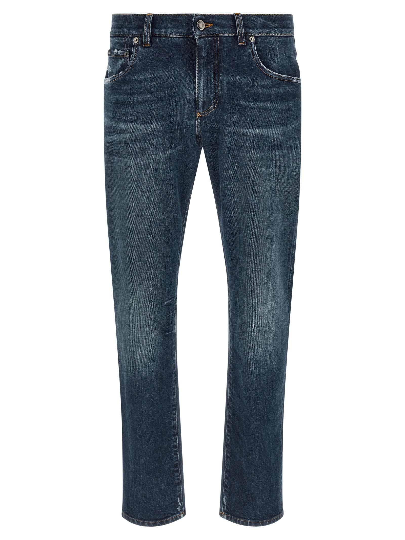 Jeans en denim bleu Dolce & Gabbana en coton, coupe classique avec détails en denim visible sur l'image.