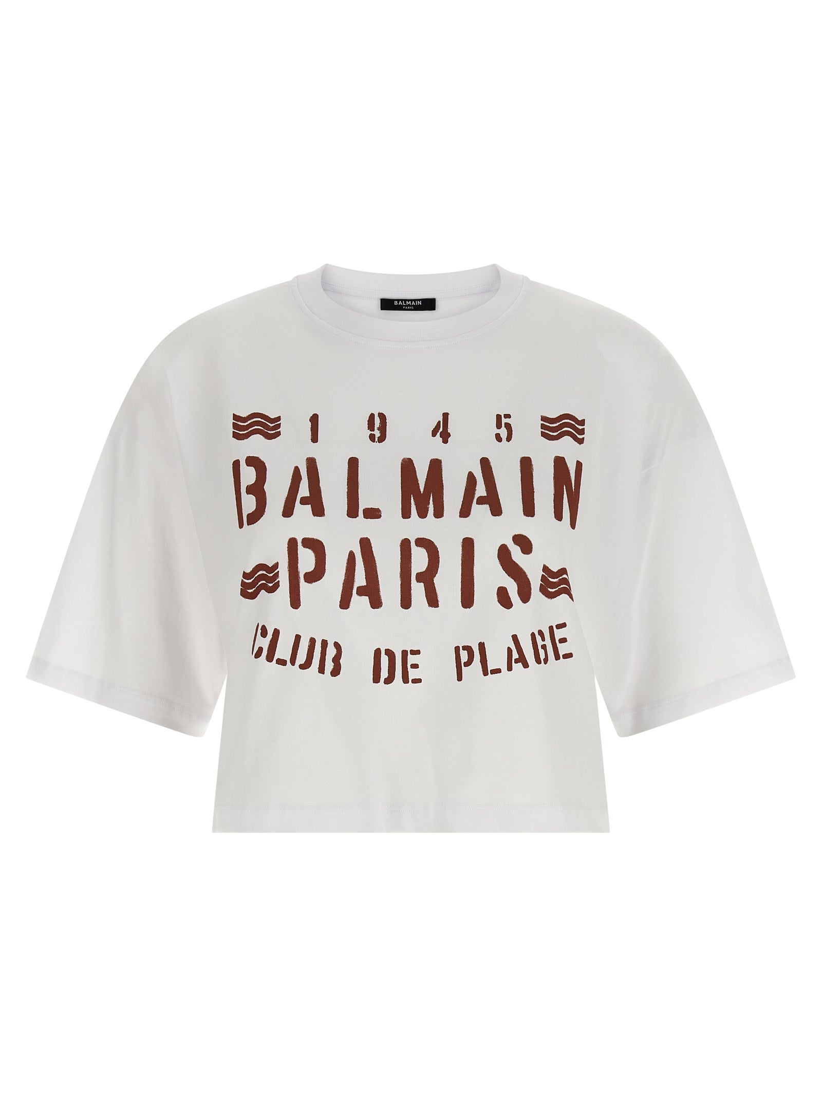 T-shirt blanc en coton de la marque Balmain, coupe classique, visible sur fond neutre, tissu doux et confortable.