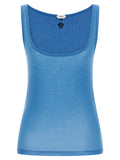Débardeur en laine vierge bleu de Versace, visible avec détails de la marque et coupe élégante.