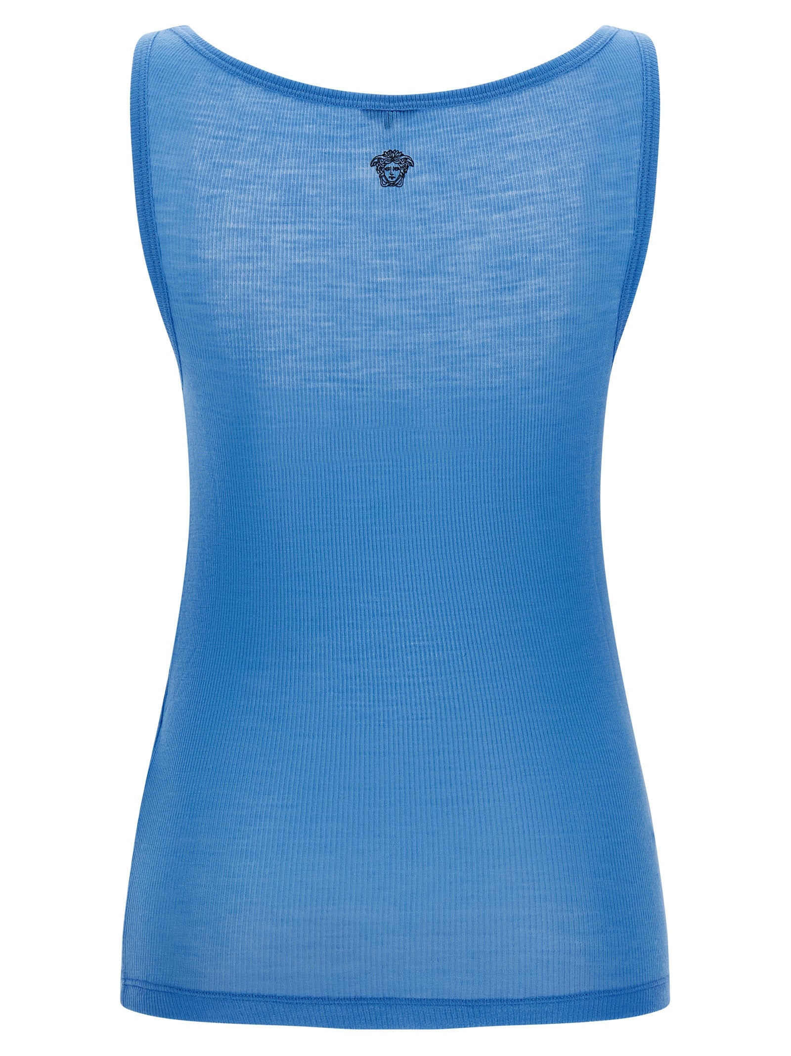 Débardeur en laine vierge bleu de Versace, visible avec logo emblématique, coupe ajustée et détails élégants.