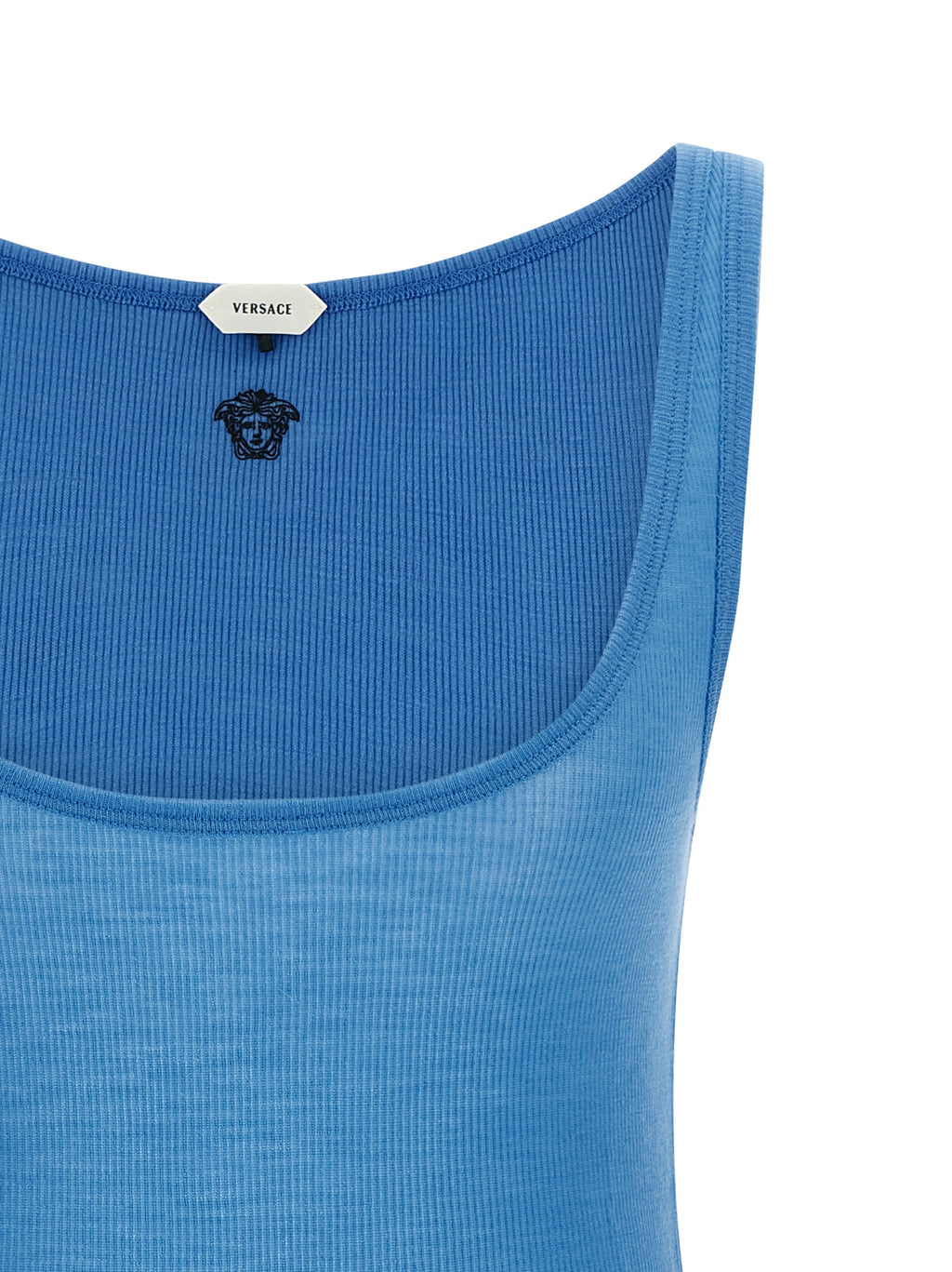 Débardeur bleu en laine vierge de la marque Versace, coupe ajustée et détail de luxe, pour un style élégant et sophistiqué.