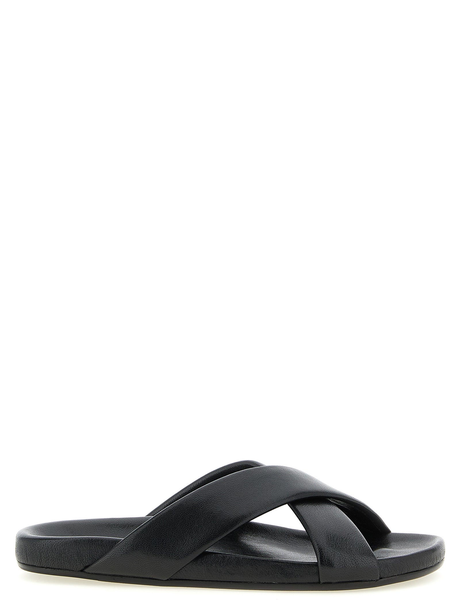 Sandales Saint Laurent en cuir d'agneau noir, élégantes et modernes, avec design épuré et finition de haute qualité.