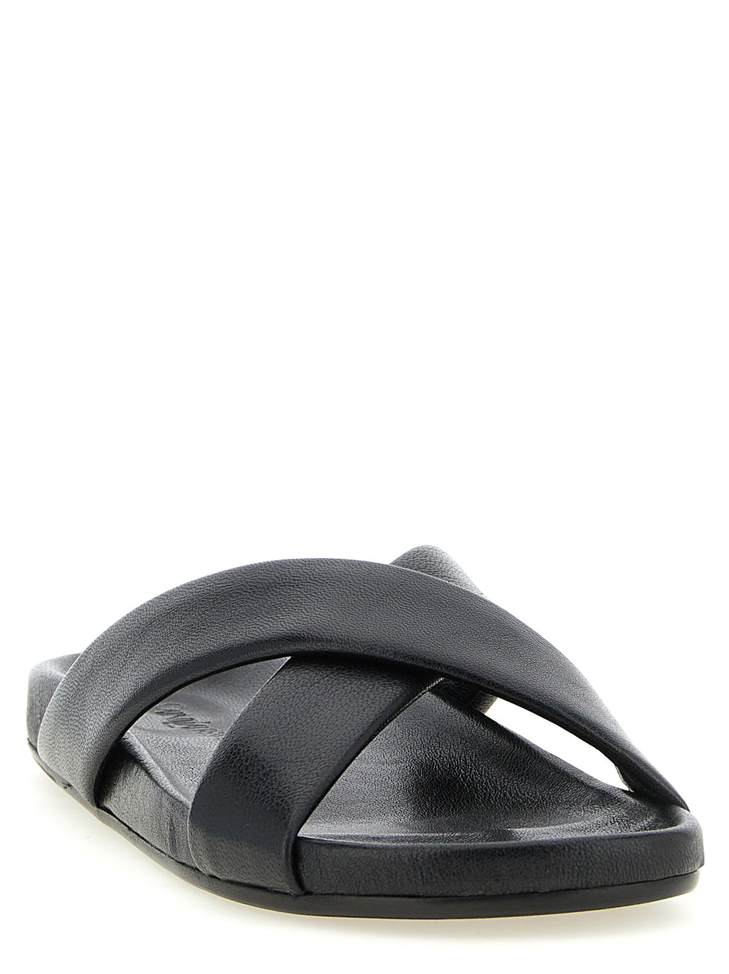 Sandales Saint Laurent en cuir d'agneau noir, élégantes et confortables, avec finition soignée et design moderne.