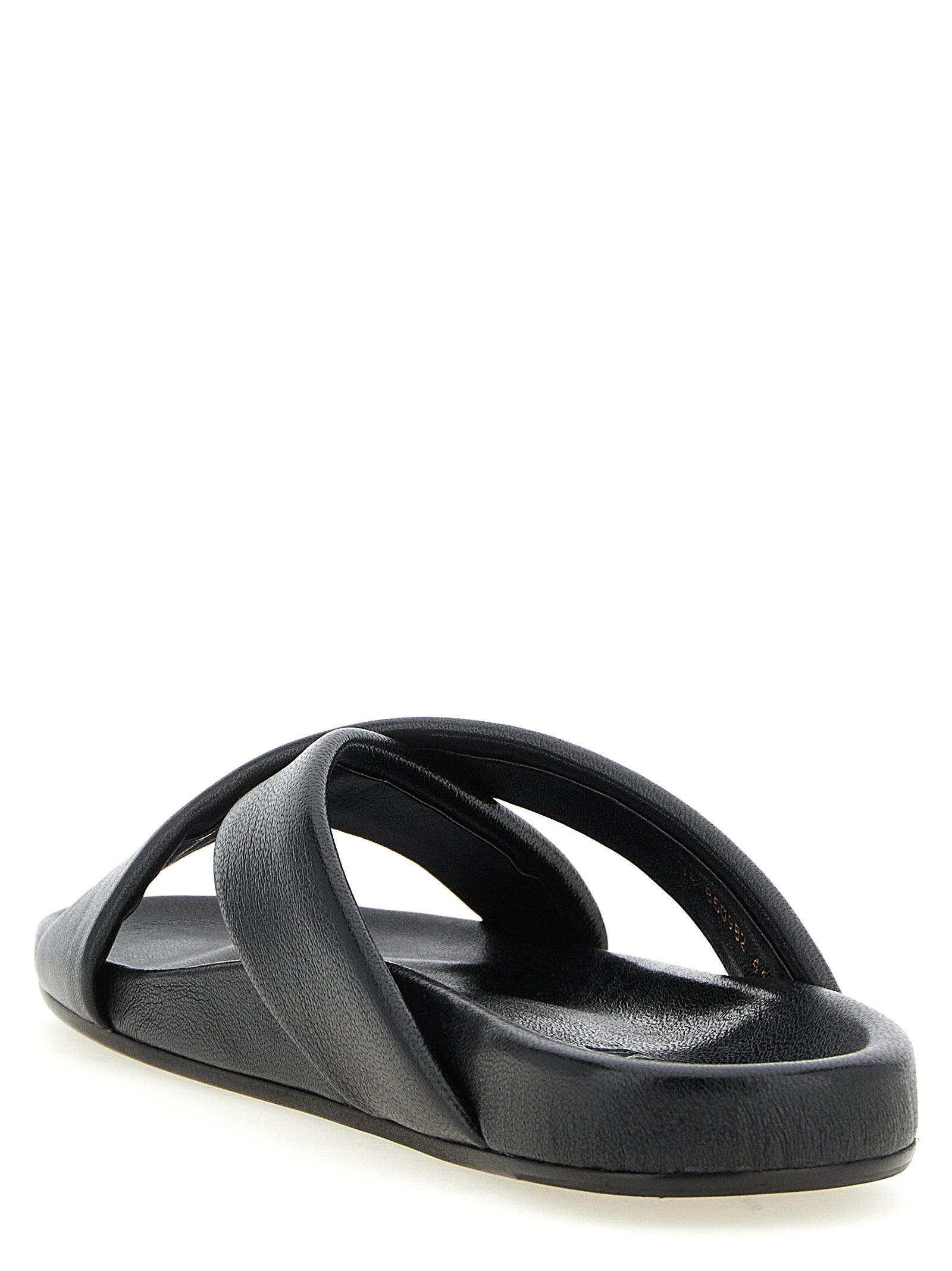 Sandales Saint Laurent en cuir d'agneau noir, élégantes et confortables, avec design minimaliste et finition de haute qualité.