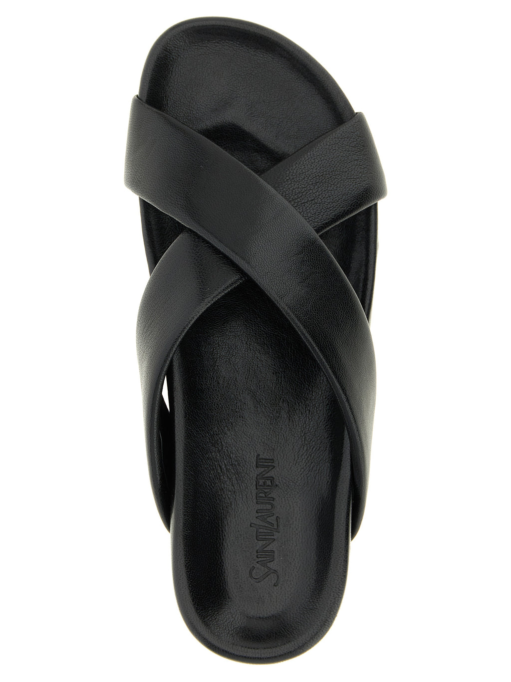 Sandales Saint Laurent en cuir d'agneau noir, élégantes et modernes, avec une finition lisse et une semelle confortable.