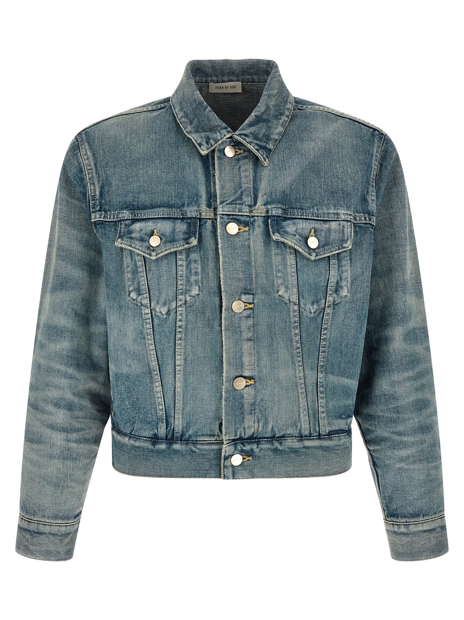 Veste en jean en coton bleu Fear Of God, style décontracté avec détails de couture visibles, pour homme ou femme.
