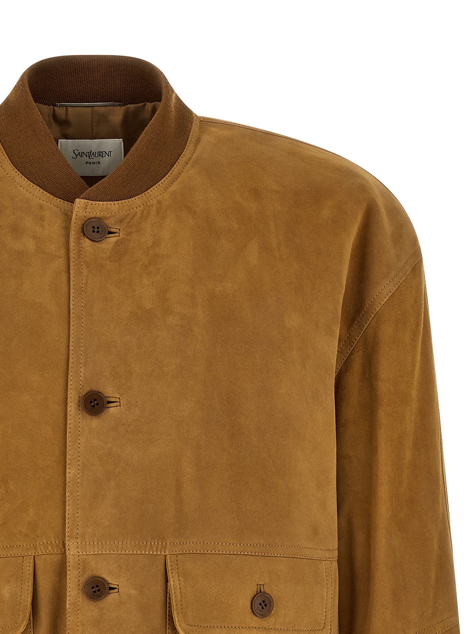 Veste en cuir d'agneau marron de Saint Laurent, coupe élégante et détails raffinés, vue de face sur mannequin.