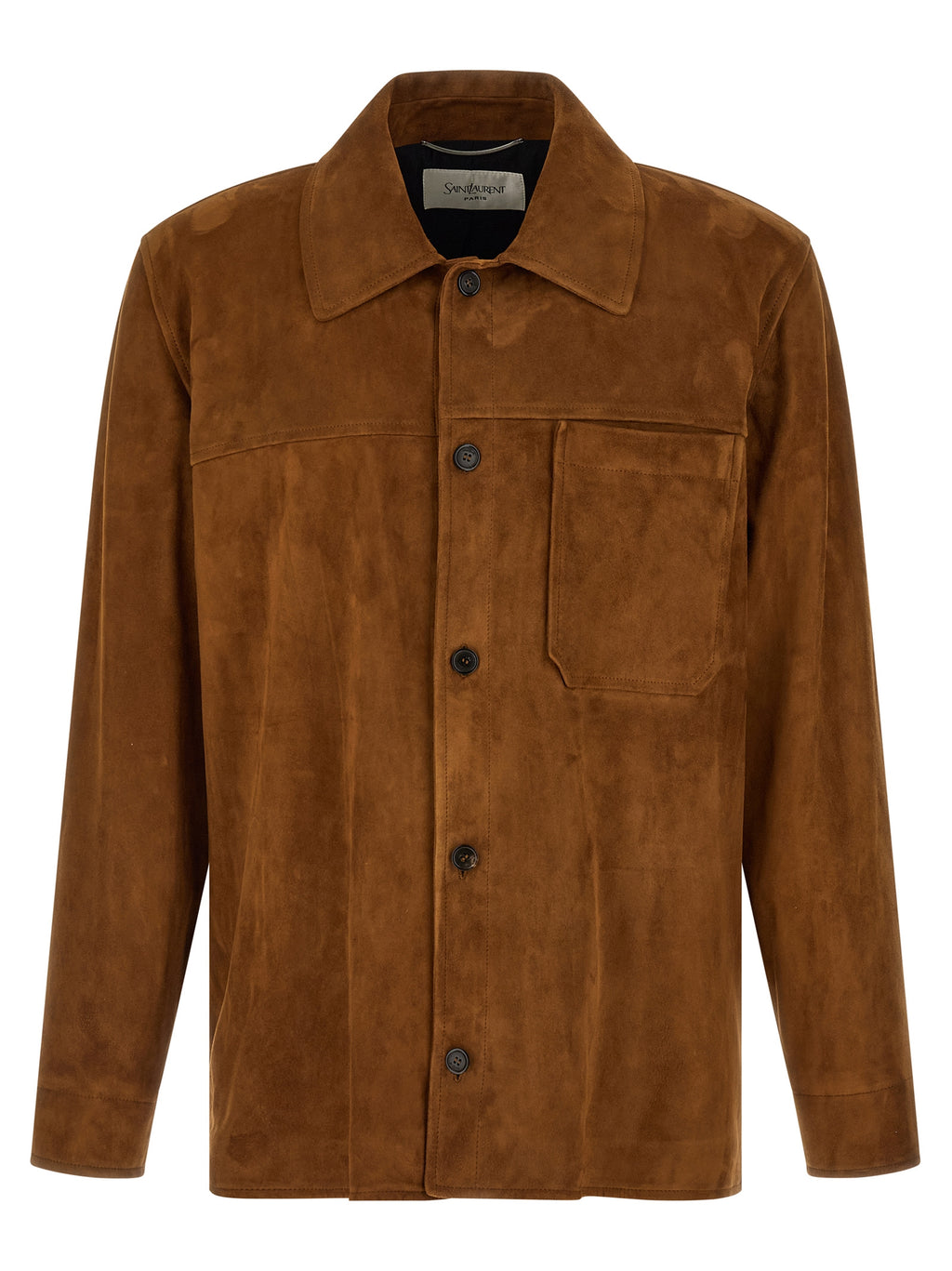 Veste en cuir d'agneau marron de Saint Laurent, veste élégante en cuir souple avec col et détails modernes.