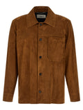 Veste en cuir d'agneau marron de Saint Laurent, veste élégante en cuir souple avec col et détails modernes.