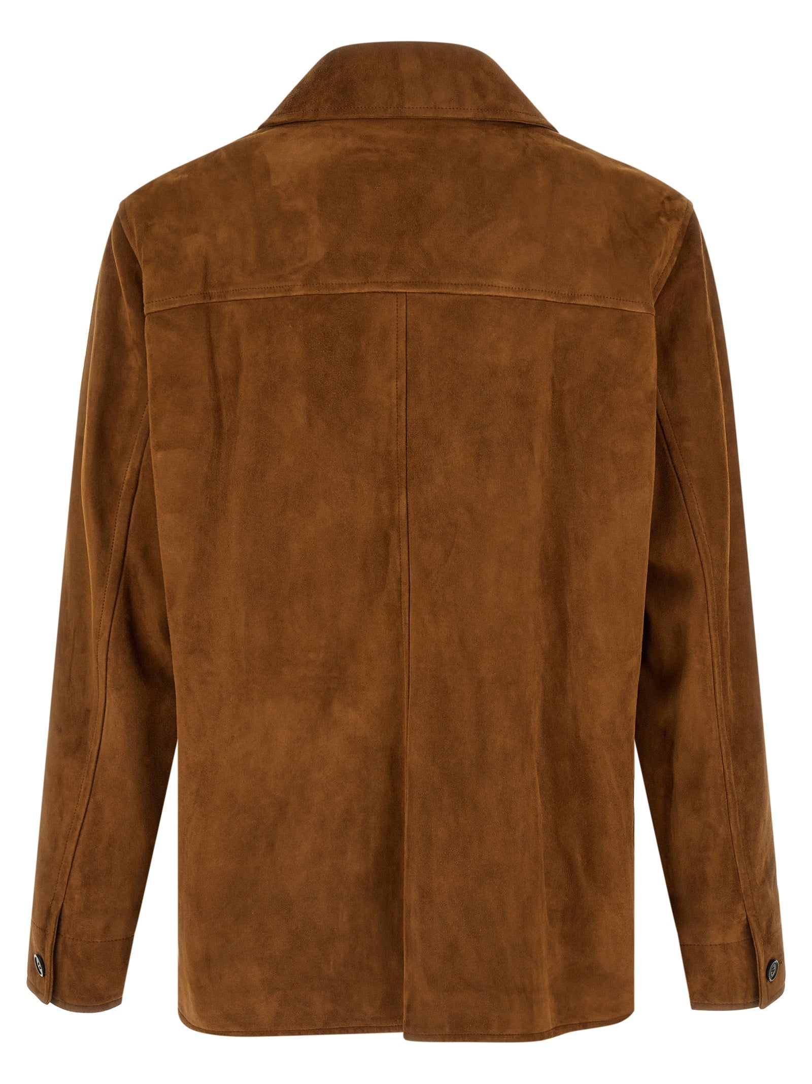 Veste en cuir d'agneau marron Saint Laurent, coupe élégante, détails de couture, vue de face sur fond neutre
