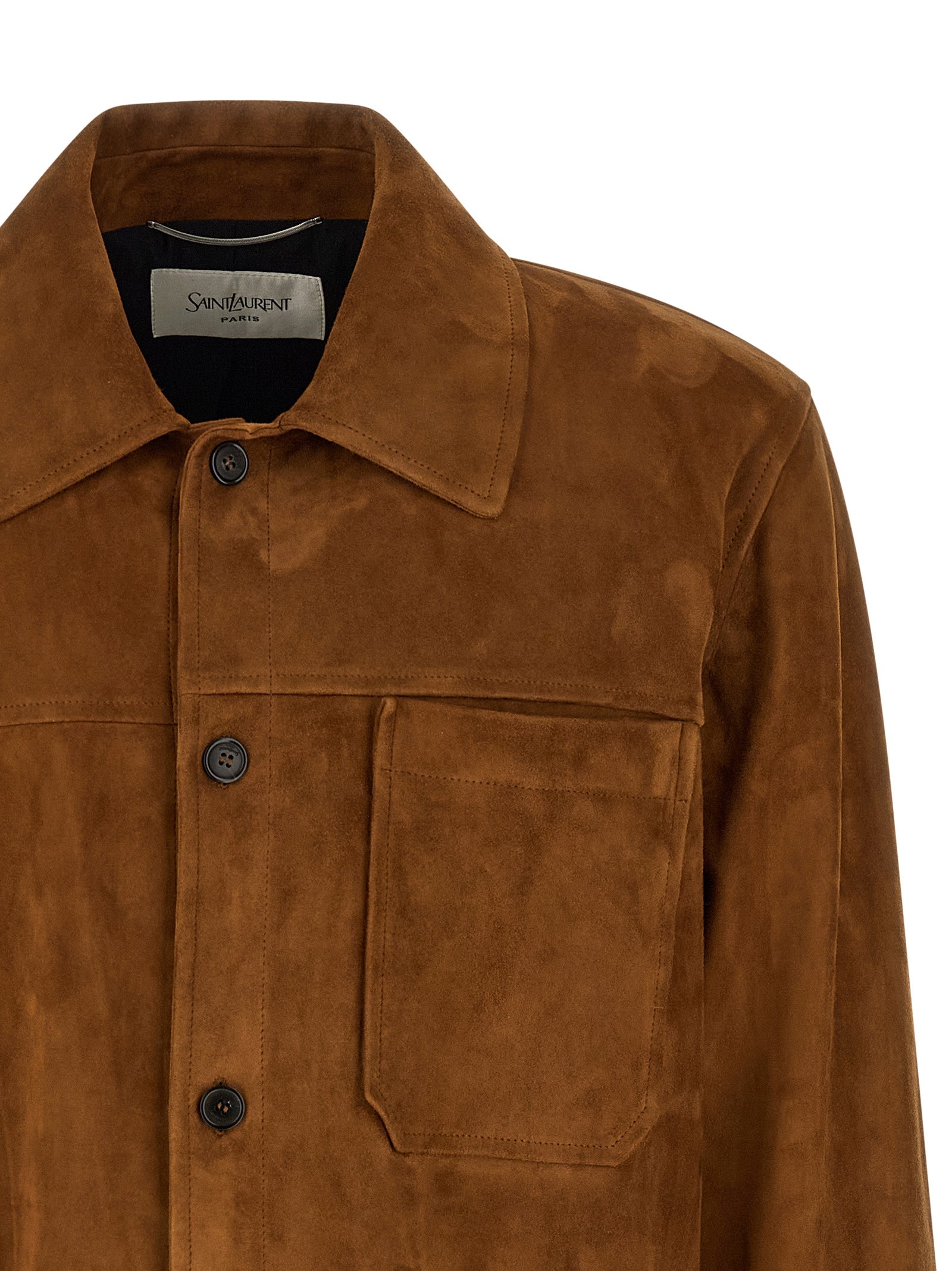 Veste en cuir d'agneau marron Saint Laurent avec col en mouton, fermeture éclair et design élégant.