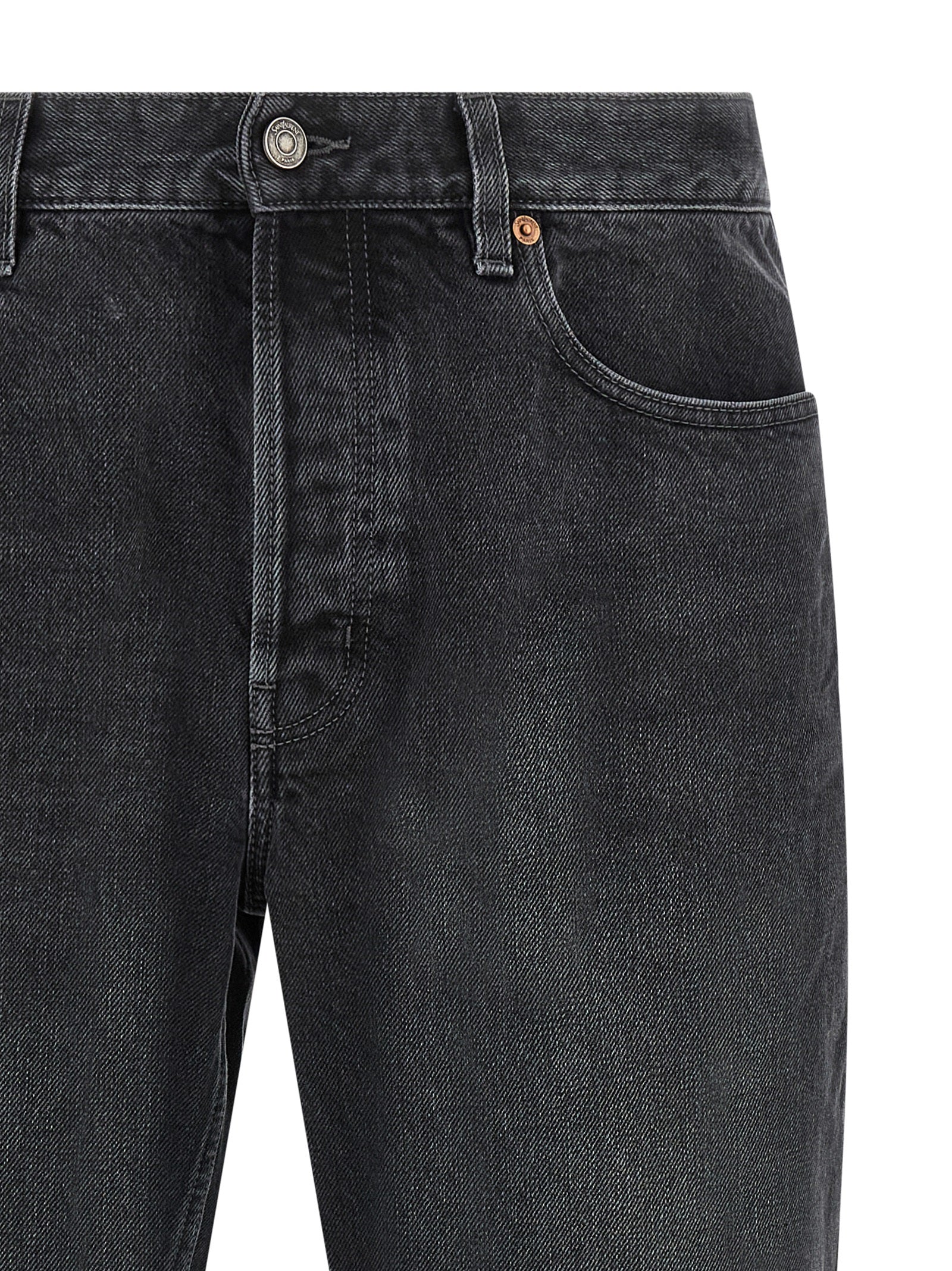 Jeans droits en coton noir de Saint Laurent, style classique, coupe droite, vue de face avec détails de la poche et de la taille.