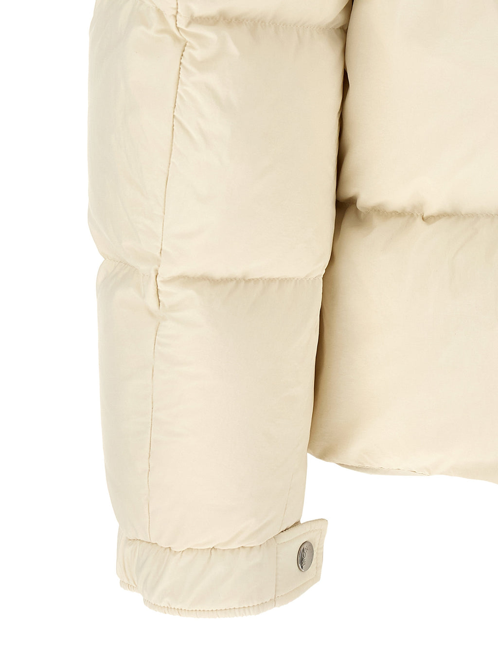 Veste longue beige en polyamide de Moncler, style élégant et chaud, avec capuche et fermeture éclair visible.