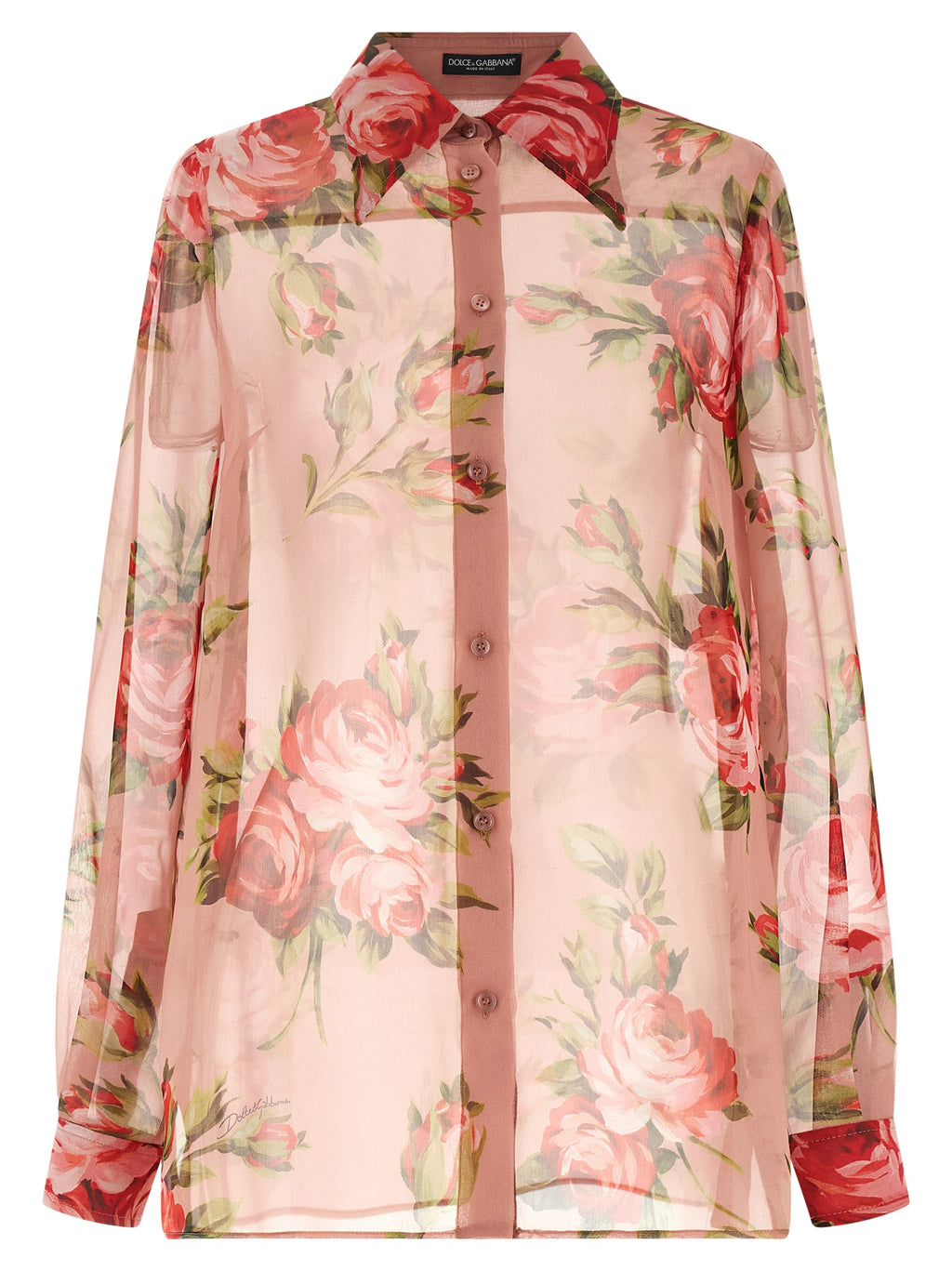 Chemisier en soie multicolore Dolce & Gabbana avec décolleté et détails élégants, porté sur un modèle.