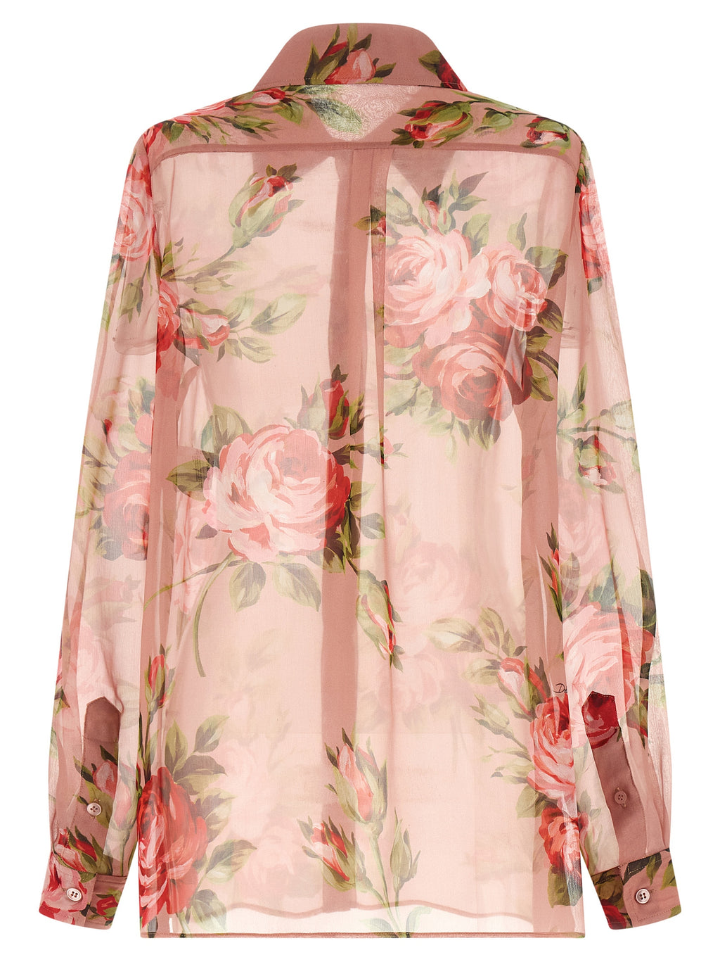 Blouse en soie multicolore Dolce & Gabbana avec détails élégants et coupe fluide, portée visible sur la mannequin.