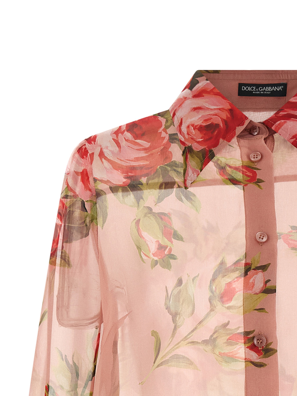 Blouse en soie multicolore Dolce & Gabbana avec détails élégants et motifs vibrants, portée sur un mannequin.