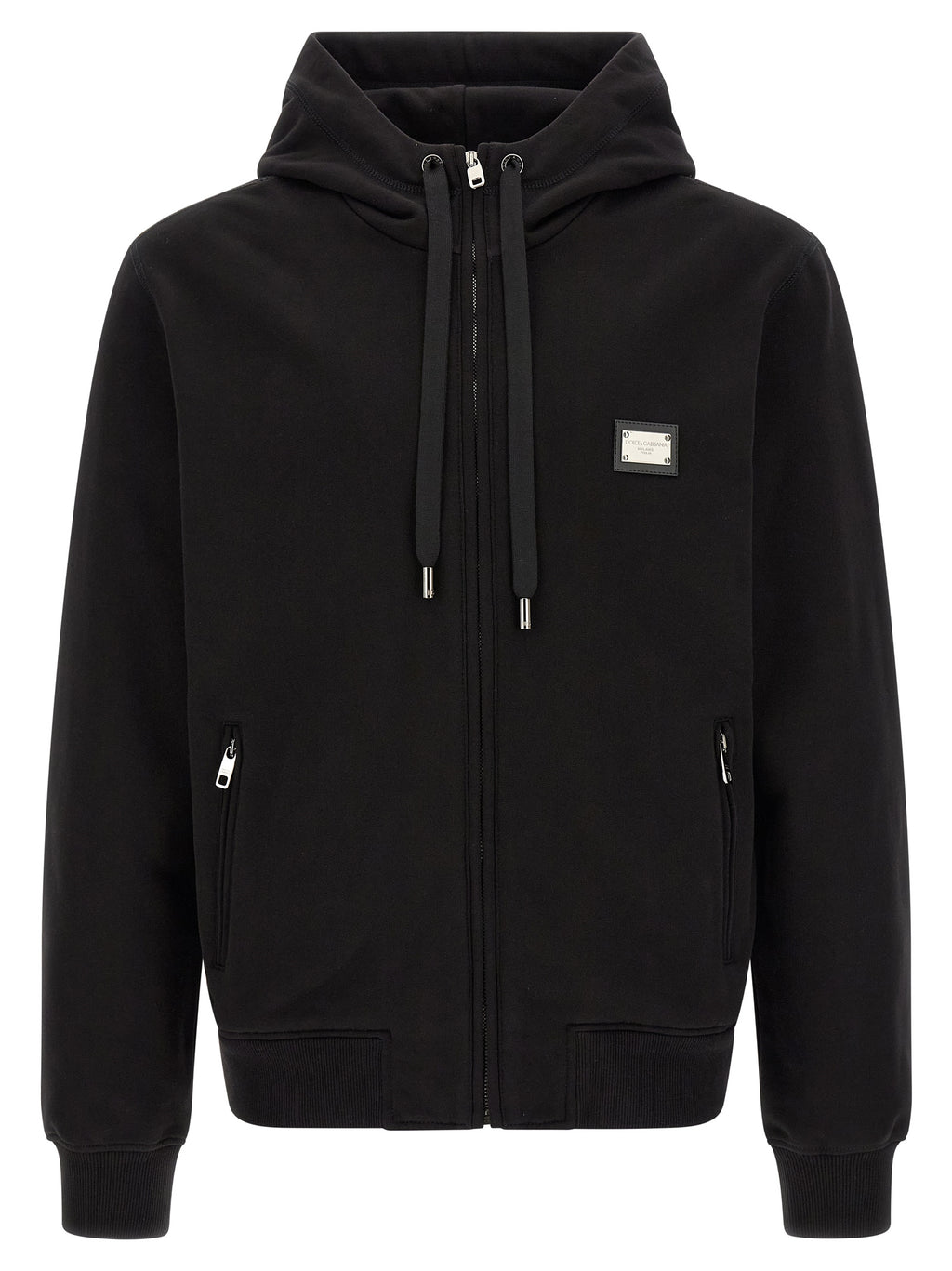 Sweat-shirt noir en coton de Dolce & Gabbana avec logo discret, porté sur mannequin, vue de face.