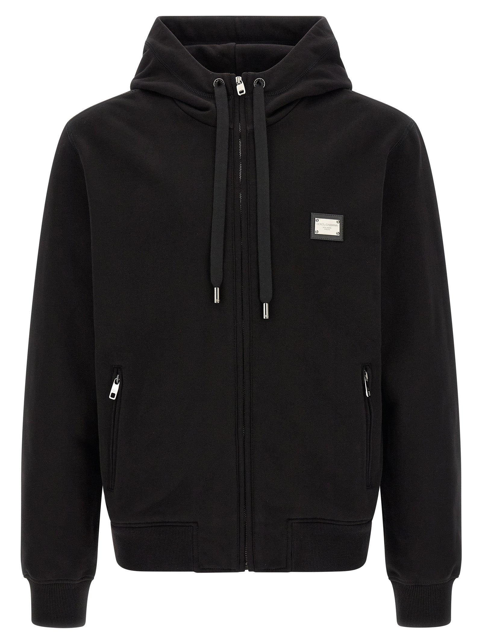 Sweat-shirt noir en coton de Dolce & Gabbana avec logo discret, porté sur mannequin, vue de face.