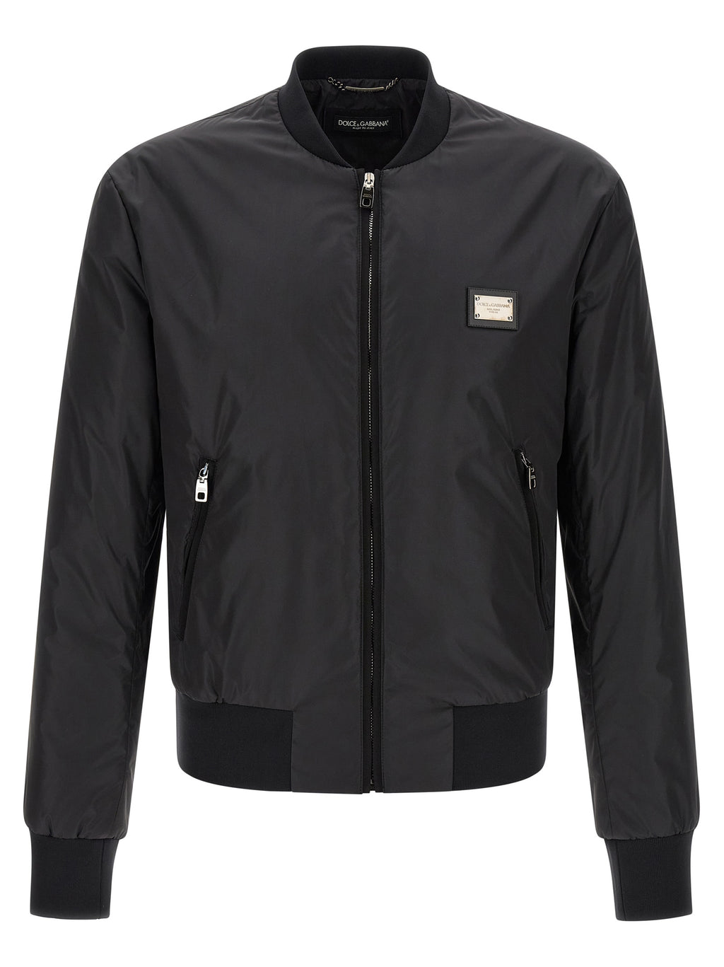 Veste bomber noire en polyamide de Dolce & Gabbana, style élégant avec détails modernes, vue de face sur une image claire.