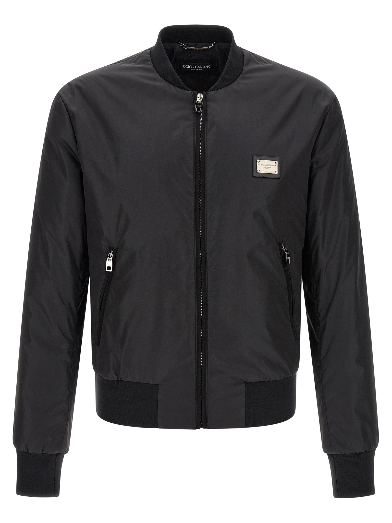 Veste bomber noire en polyamide de Dolce & Gabbana, style élégant avec détails modernes, vue de face sur une image claire.