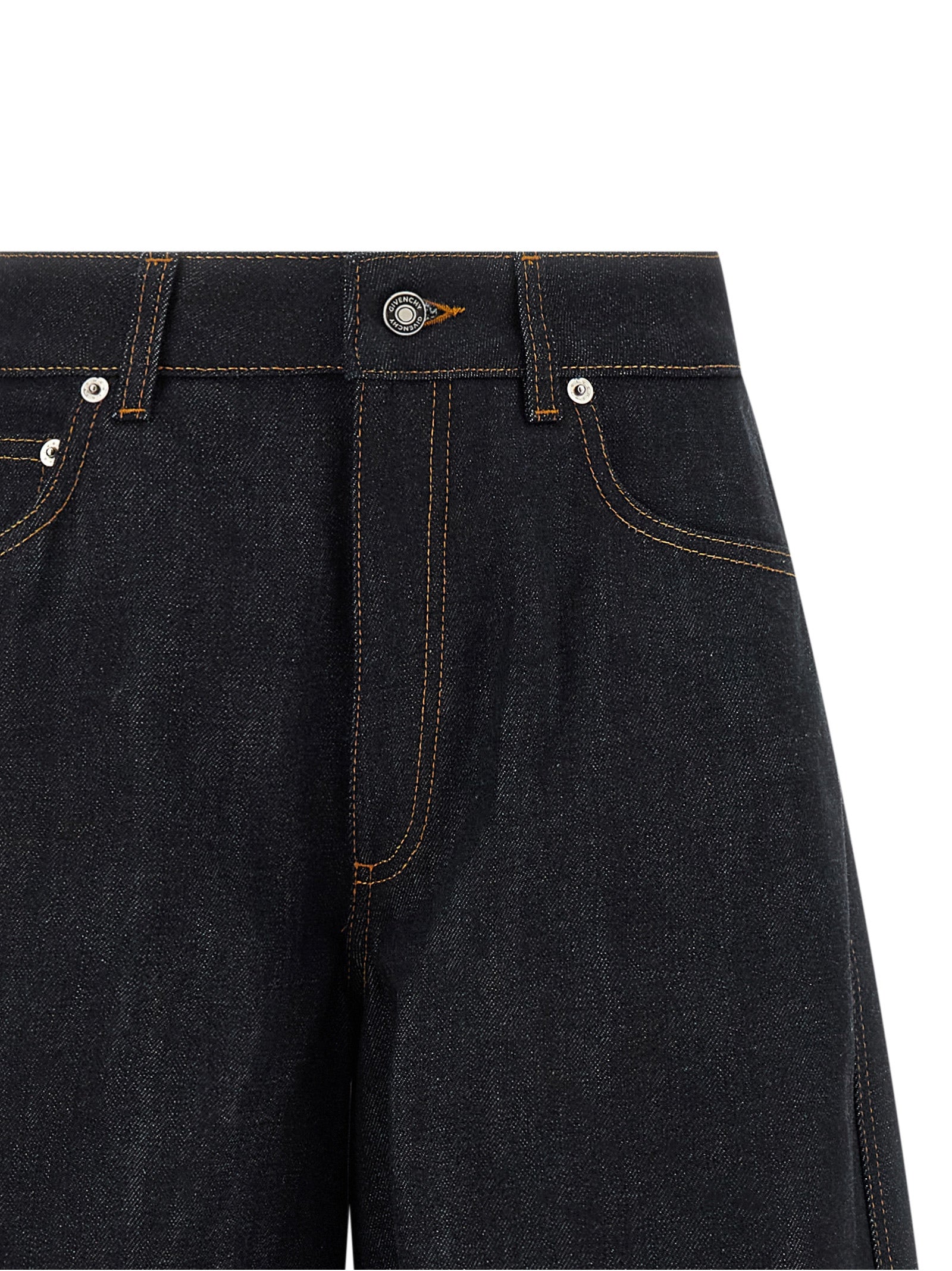 Jeans évasés en coton bleu Givenchy, mode élégante, avec coupe fluide et détails modernes visibles sur l'image.