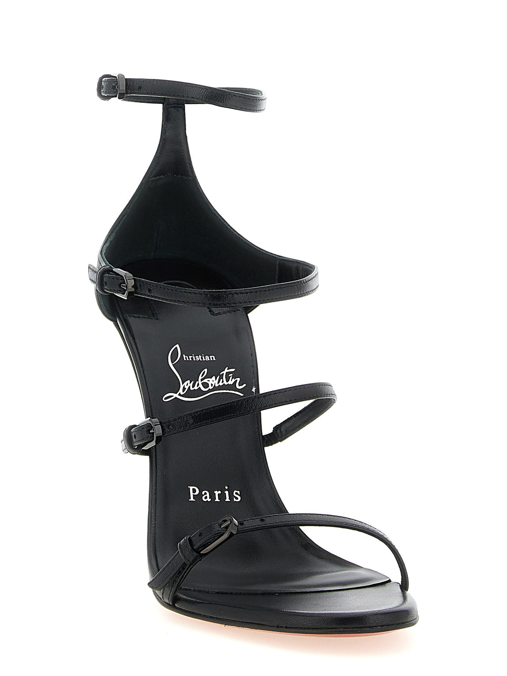 Sandales à talons aiguilles en cuir de chèvre noir de Christian Louboutin, élégantes et sophistiquées.