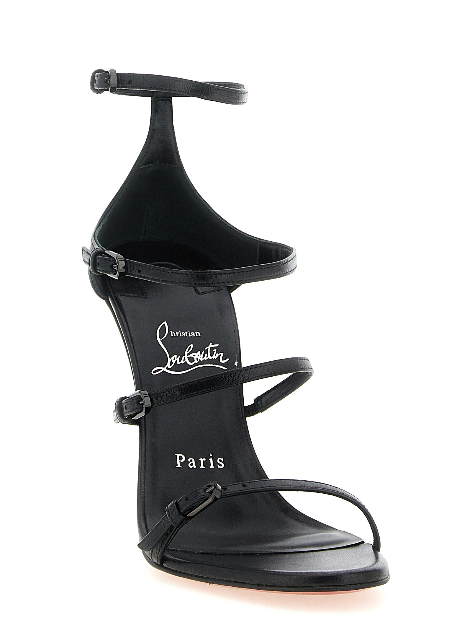 Sandales à talons aiguilles en cuir de chèvre noir de Christian Louboutin, élégantes et sophistiquées.
