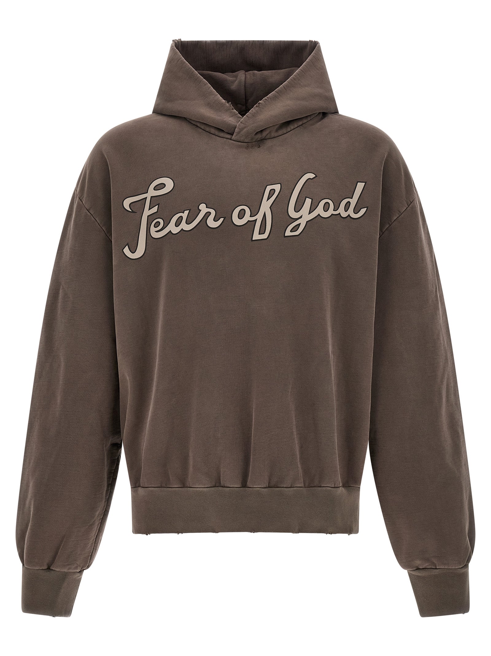 Sweatshirt en coton marron Fear Of God, style décontracté, avec logo discret, porté sur mannequin.