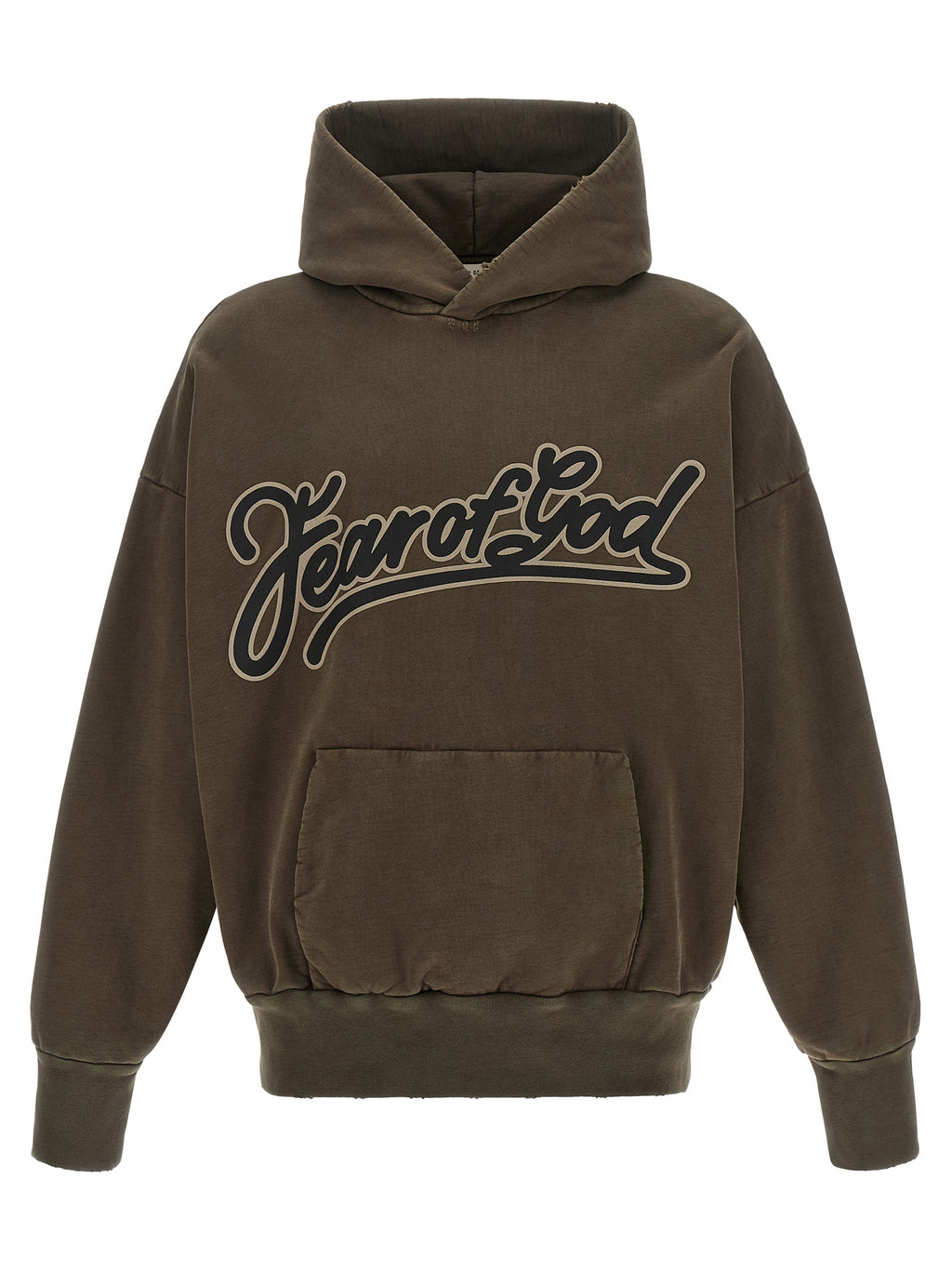 Sweatshirt en coton marron Fear Of God, style décontracté avec logo discret, porté et visible sur un mannequin.