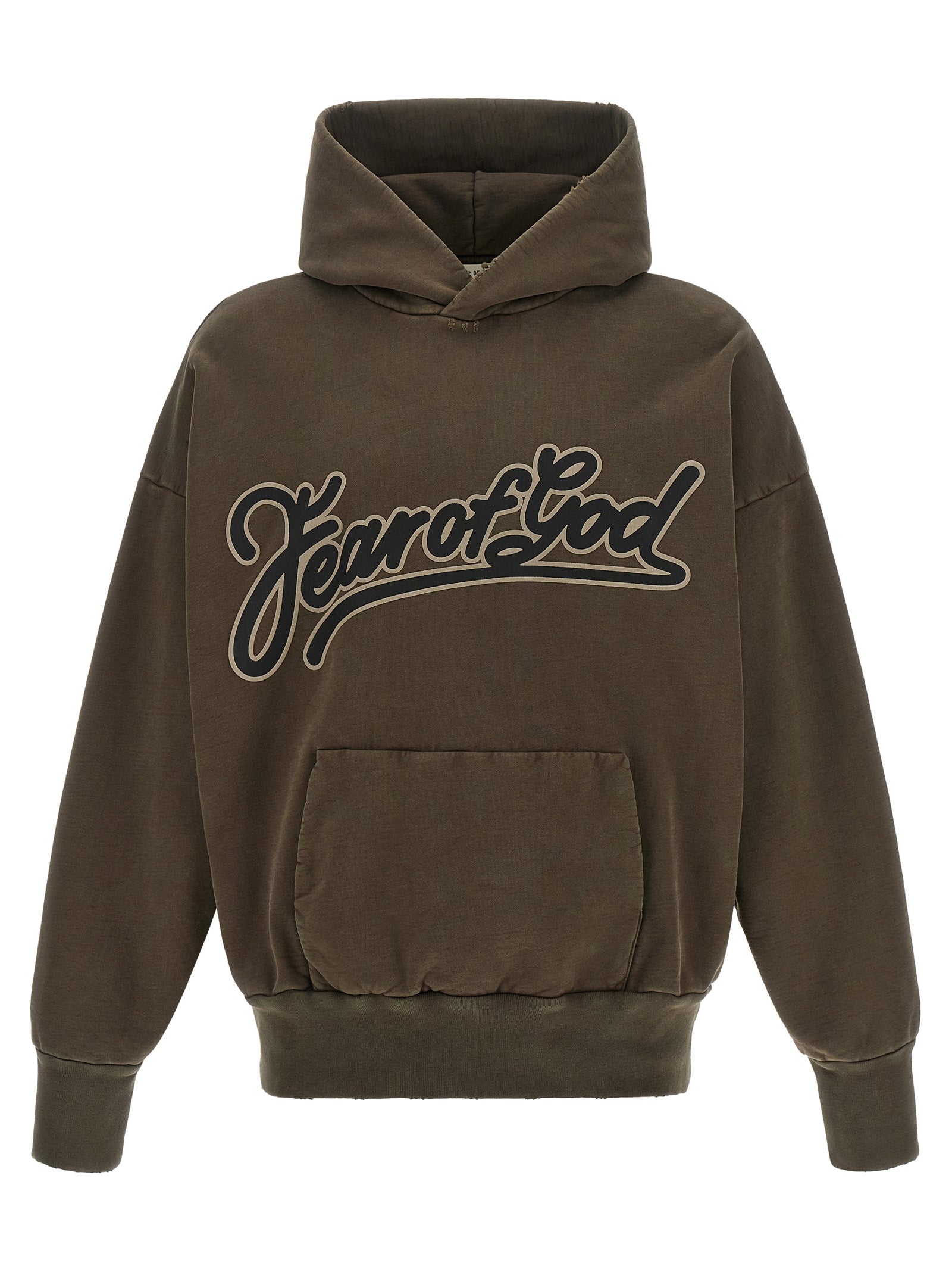 Sweatshirt en coton marron Fear Of God, style décontracté avec logo discret, porté et visible sur un mannequin.