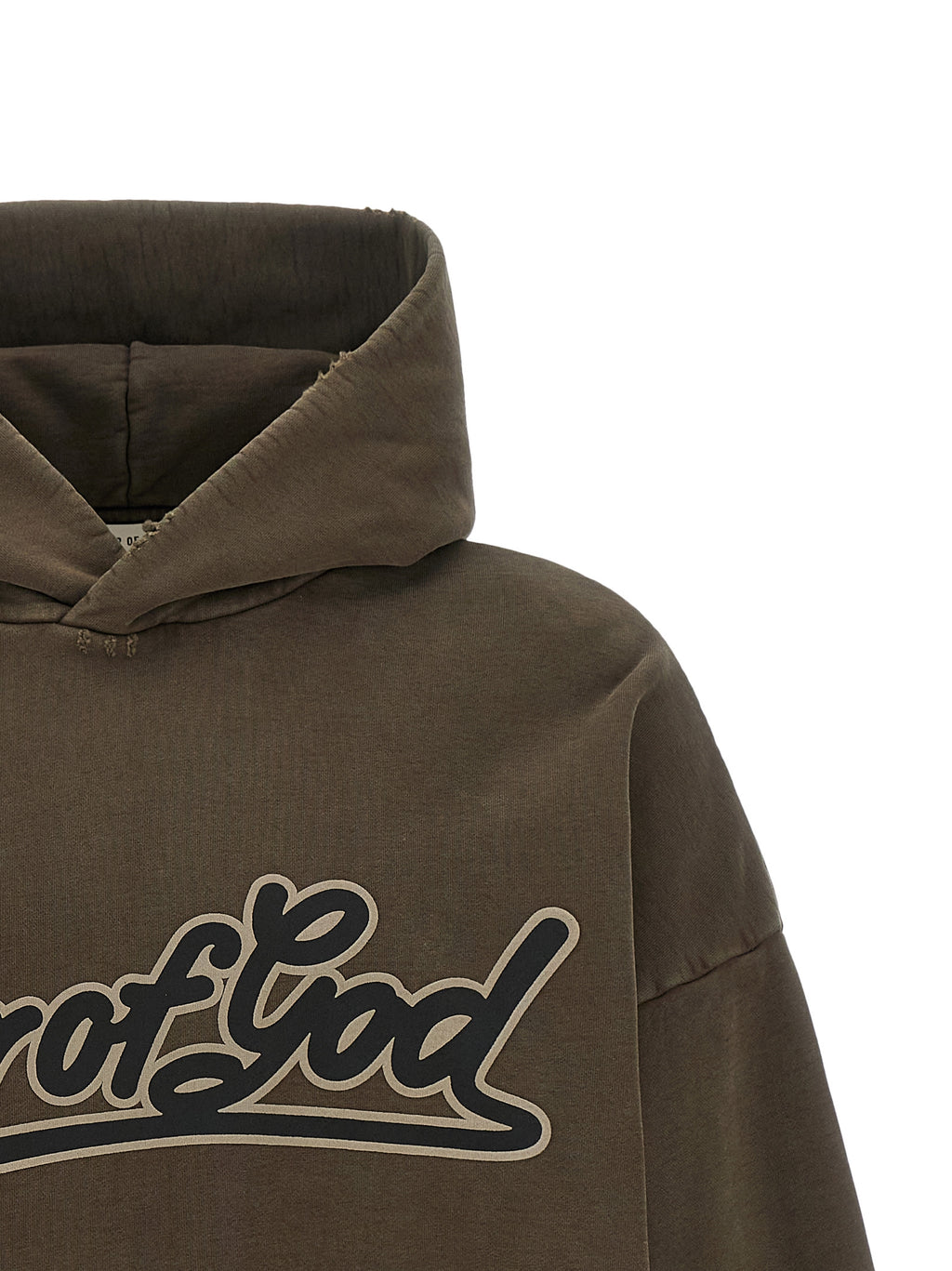 Sweatshirt en coton marron Fear Of God, coupe décontractée, avec logo discret, porté sur un mannequin.