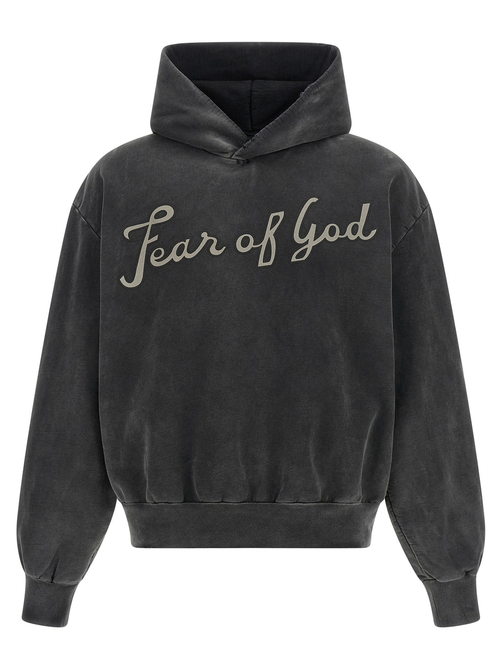 Sweatshirt en coton noir de Fear Of God, coupe décontractée, logo discret, porté sur un mannequin.