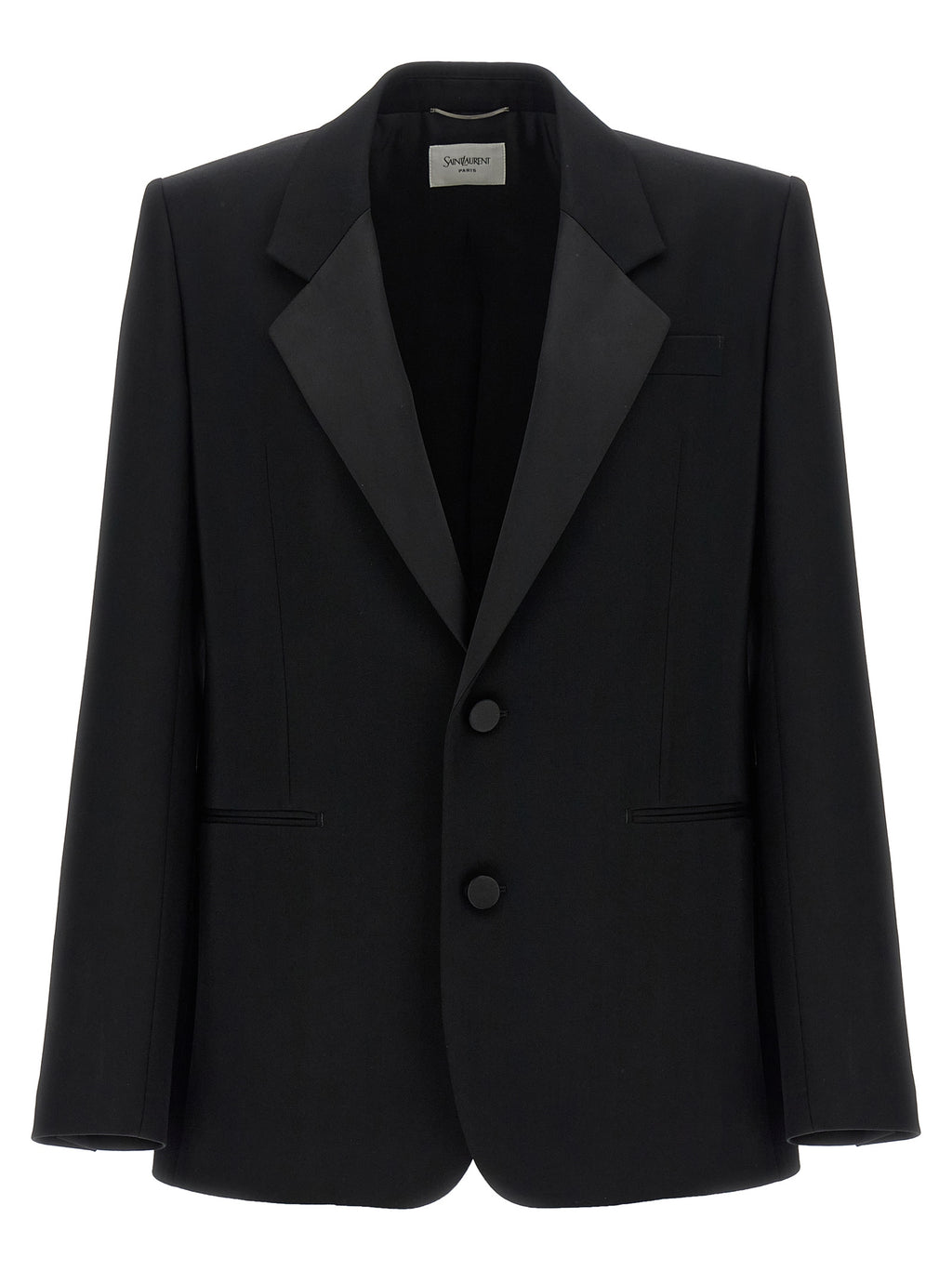 Veste blazer en laine noire de Saint Laurent, élégante et moderne, portée sur un mannequin.