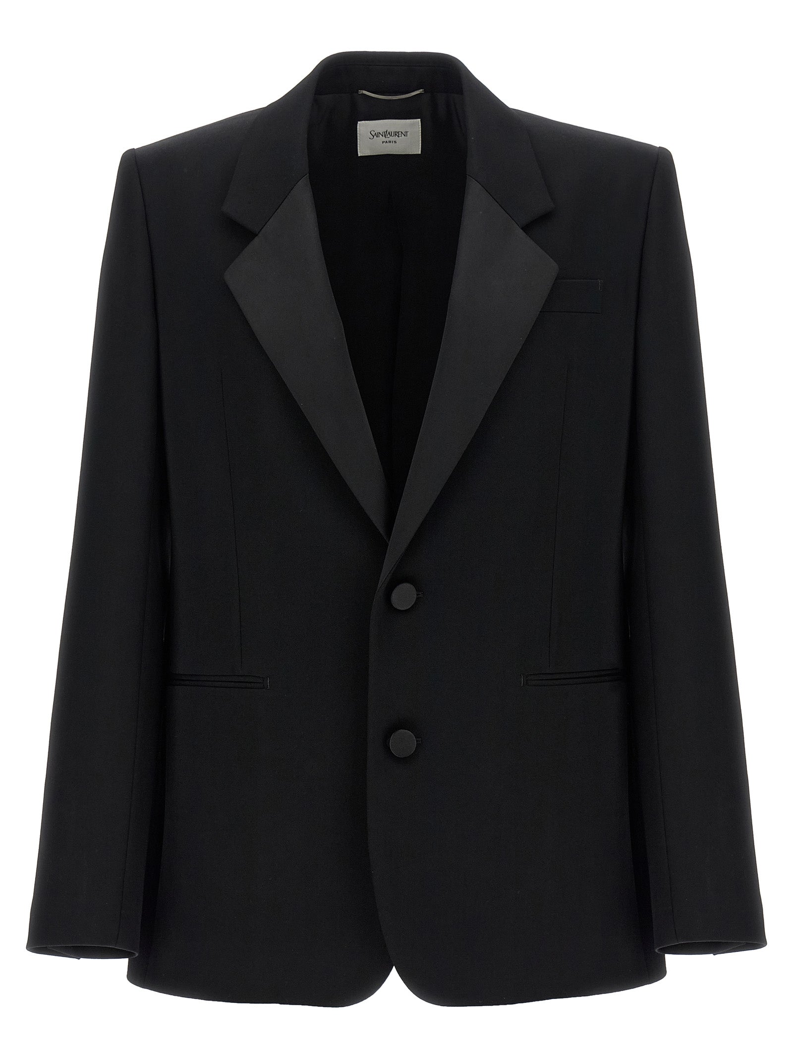 Veste blazer en laine noire de Saint Laurent, élégante et moderne, portée sur un mannequin.