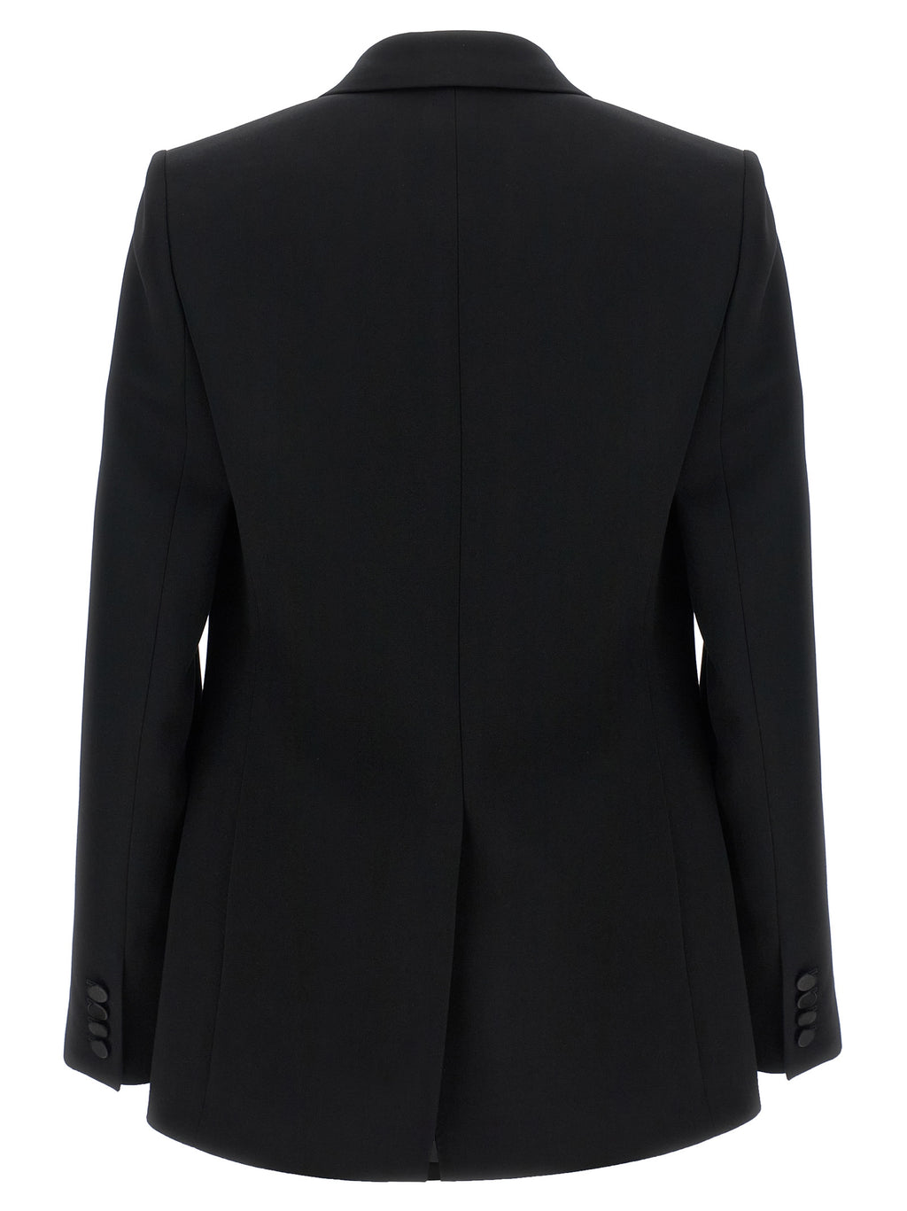 Veste blazer en laine noire de Saint Laurent, ajustée et élégante, portée sur un mannequin.