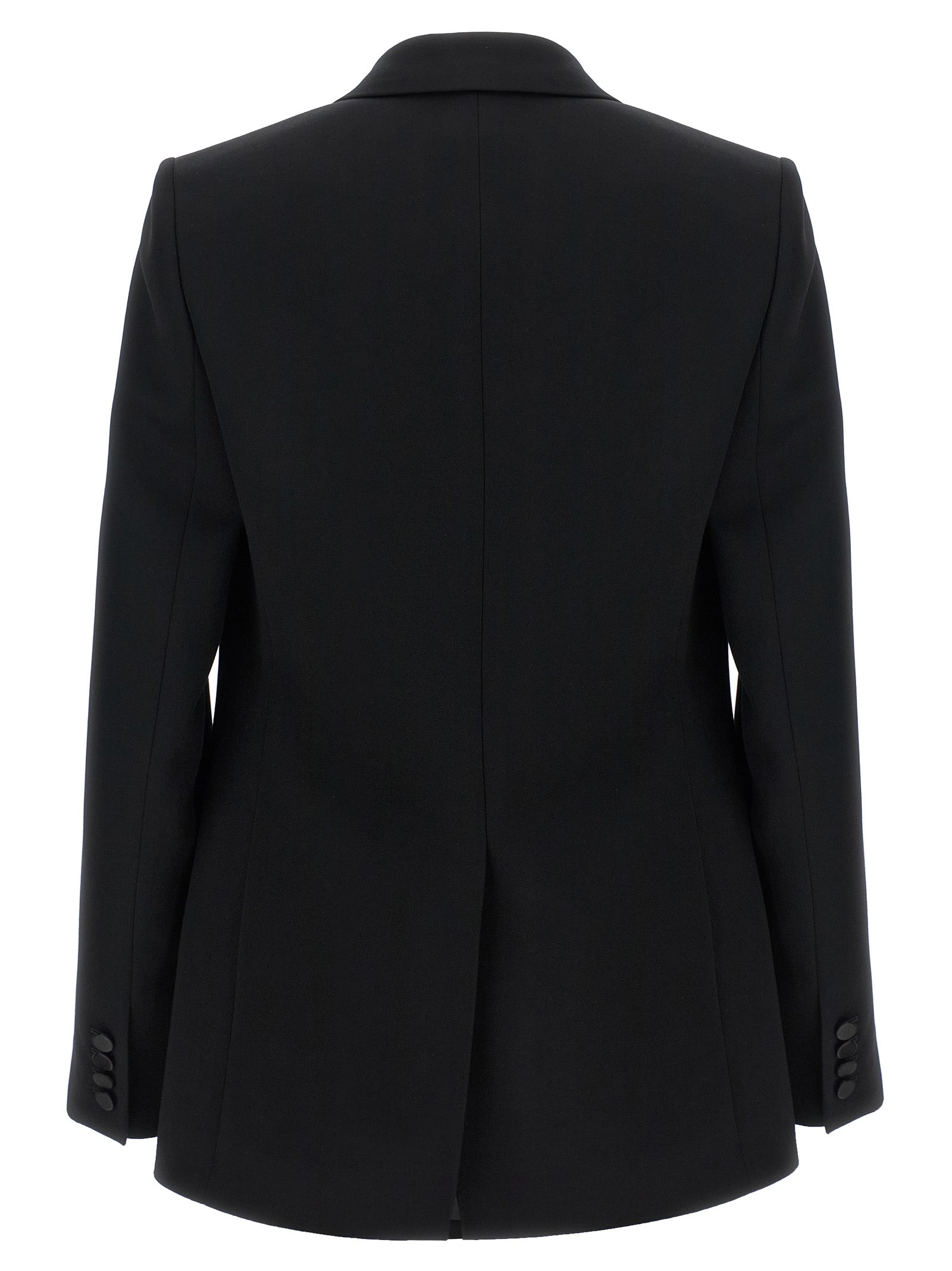 Veste blazer en laine noire de Saint Laurent, ajustée et élégante, portée sur un mannequin.