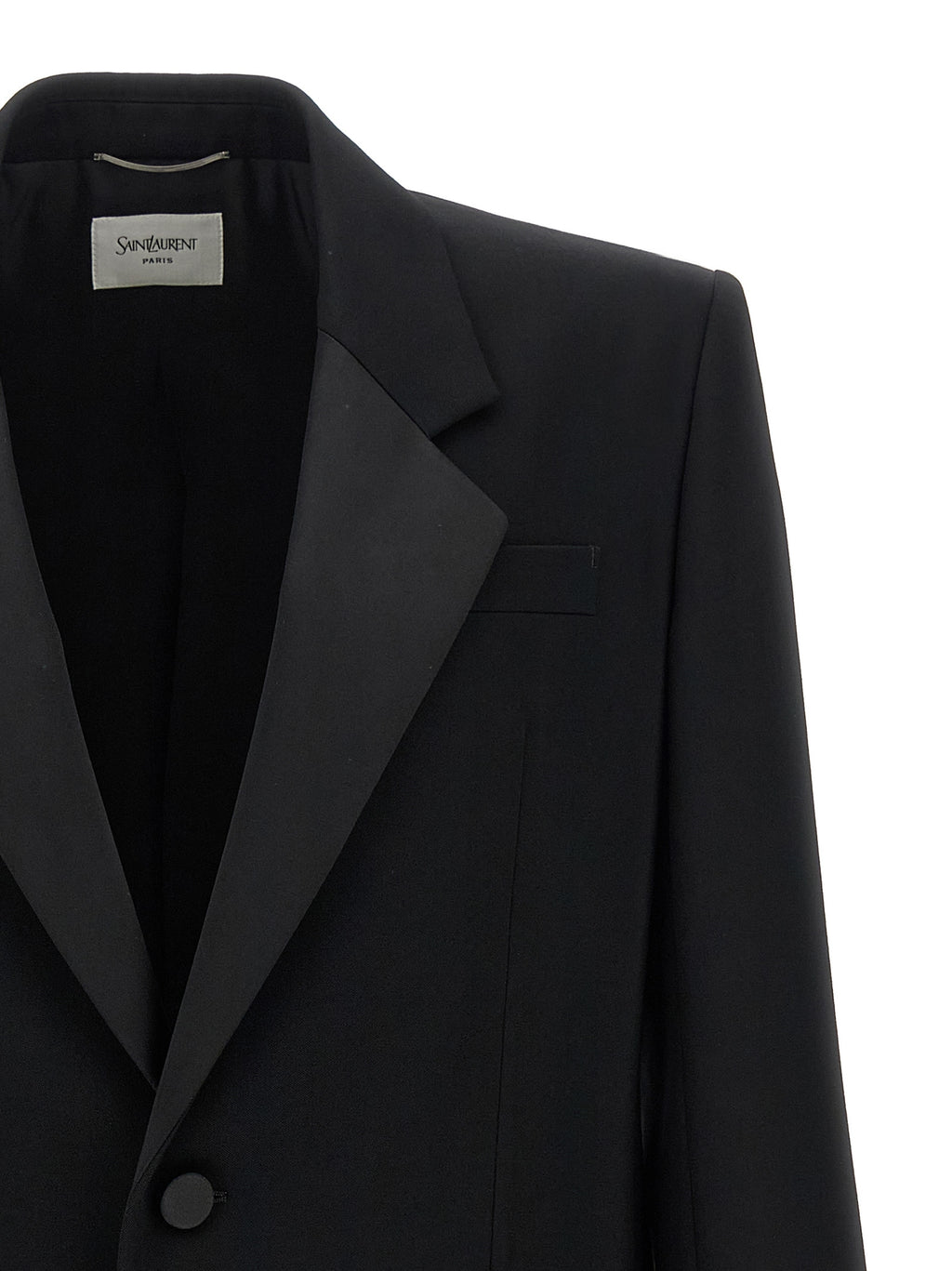Veste en laine noire de Saint Laurent, blazer élégant pour homme ou femme, détails sophistiqués et coupe ajustée.