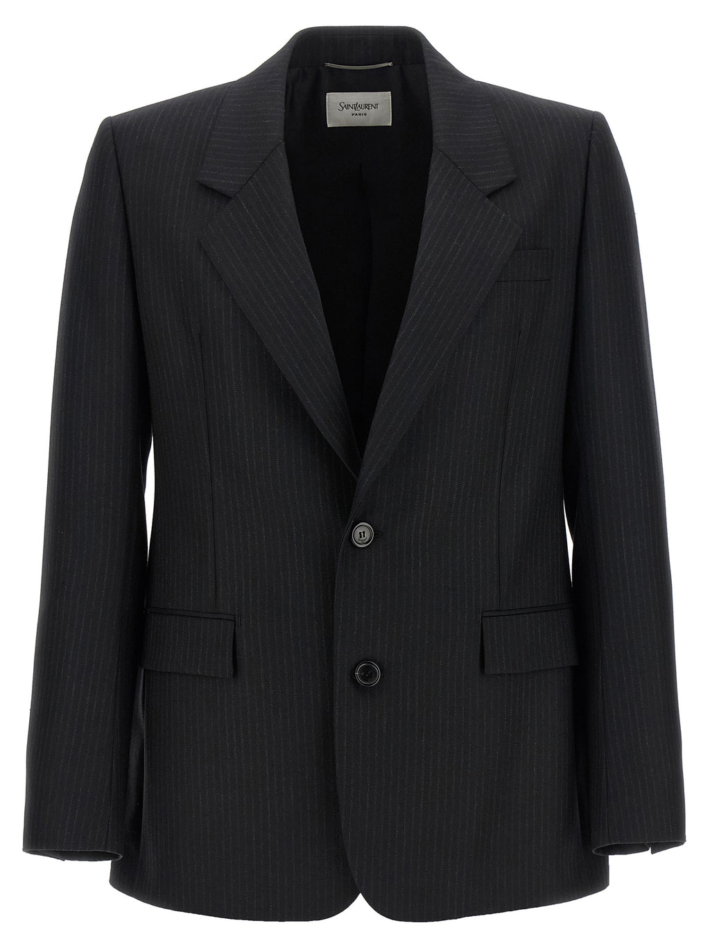Costume en laine noire Saint Laurent, blazer élégant avec col classique et boutons, porté sur un mannequin.