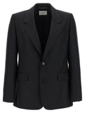 Costume en laine noire Saint Laurent, blazer élégant avec col classique et boutons, porté sur un mannequin.