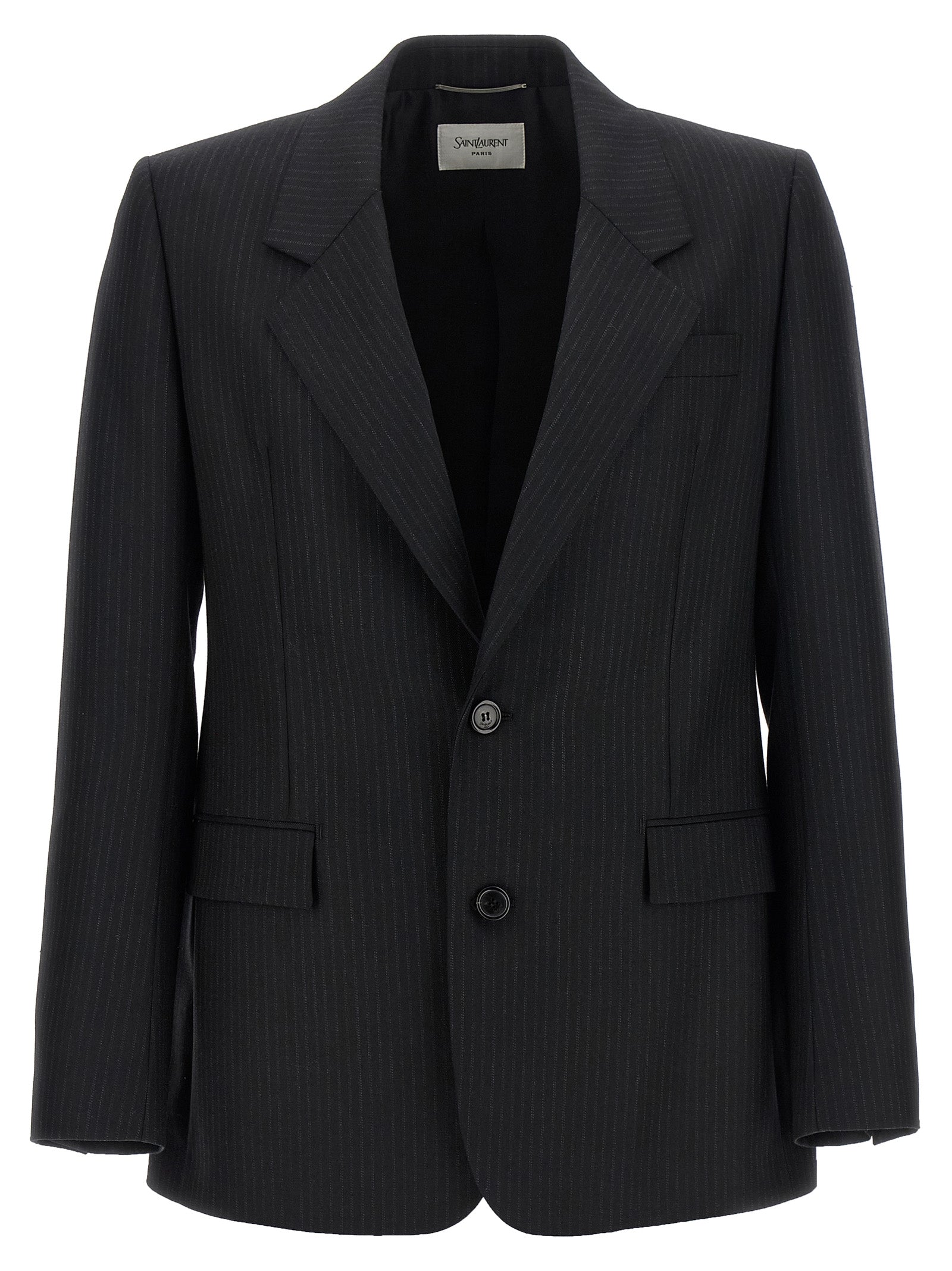 Costume en laine noire Saint Laurent, blazer élégant avec col classique et boutons, porté sur un mannequin.