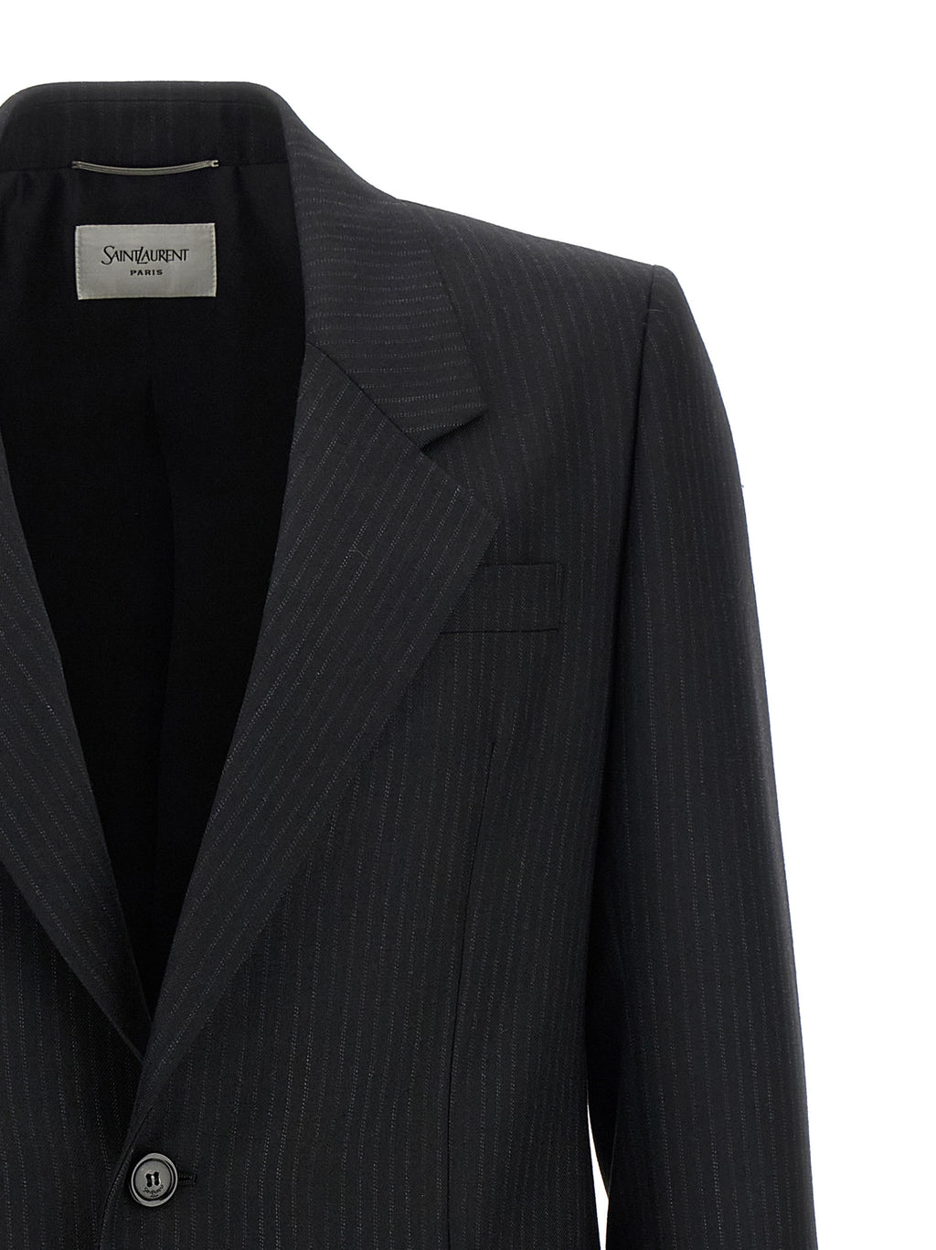 Veste en laine noire Saint Laurent pour homme, coupe élégante avec revers, portée sur un fond neutre.