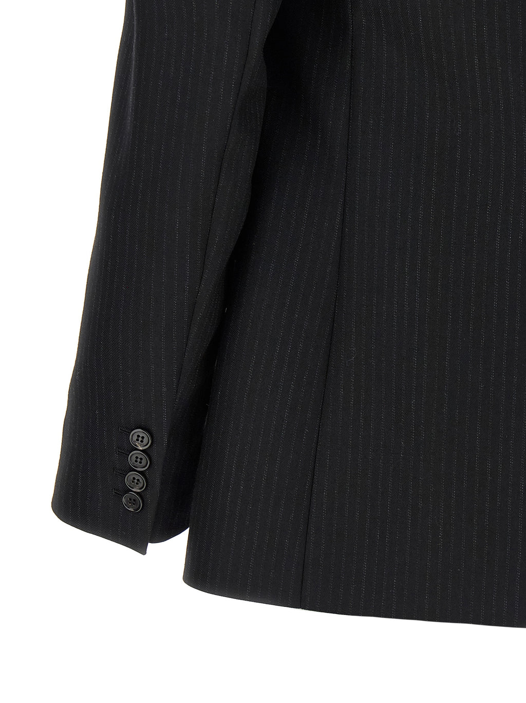 Blazer en laine noire Saint Laurent pour homme, coupe classique avec col et boutons élégants, porté sur un mannequin.