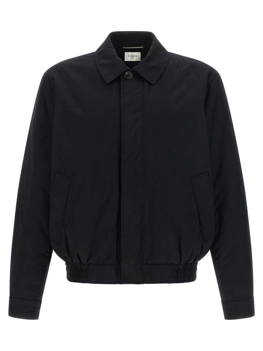 Veste en coton noire Saint Laurent, coupe élégante, avec détails modernes, vue de face sur une mannequin.