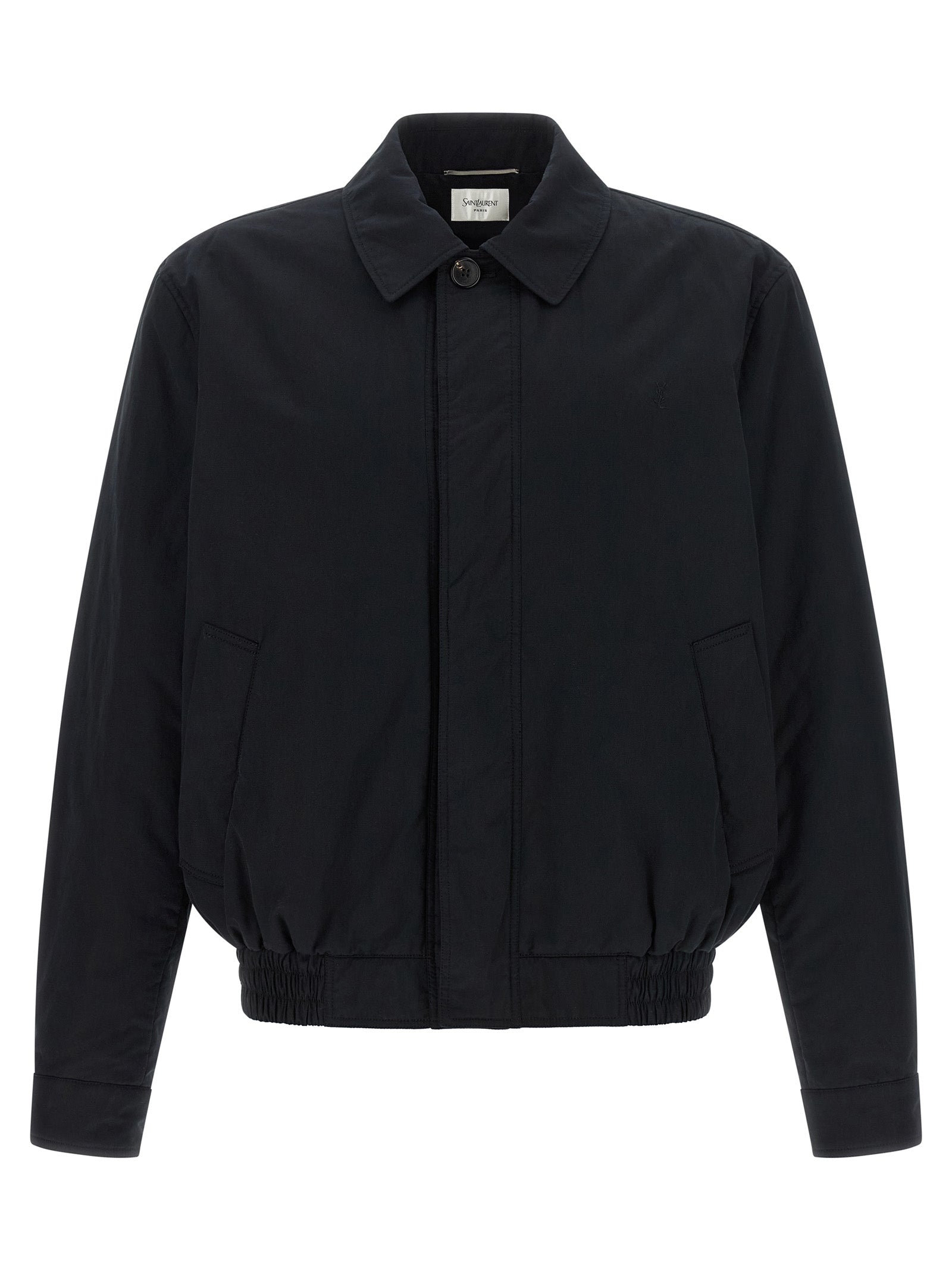 Veste en coton noire Saint Laurent, coupe élégante, avec détails modernes, vue de face sur une mannequin.