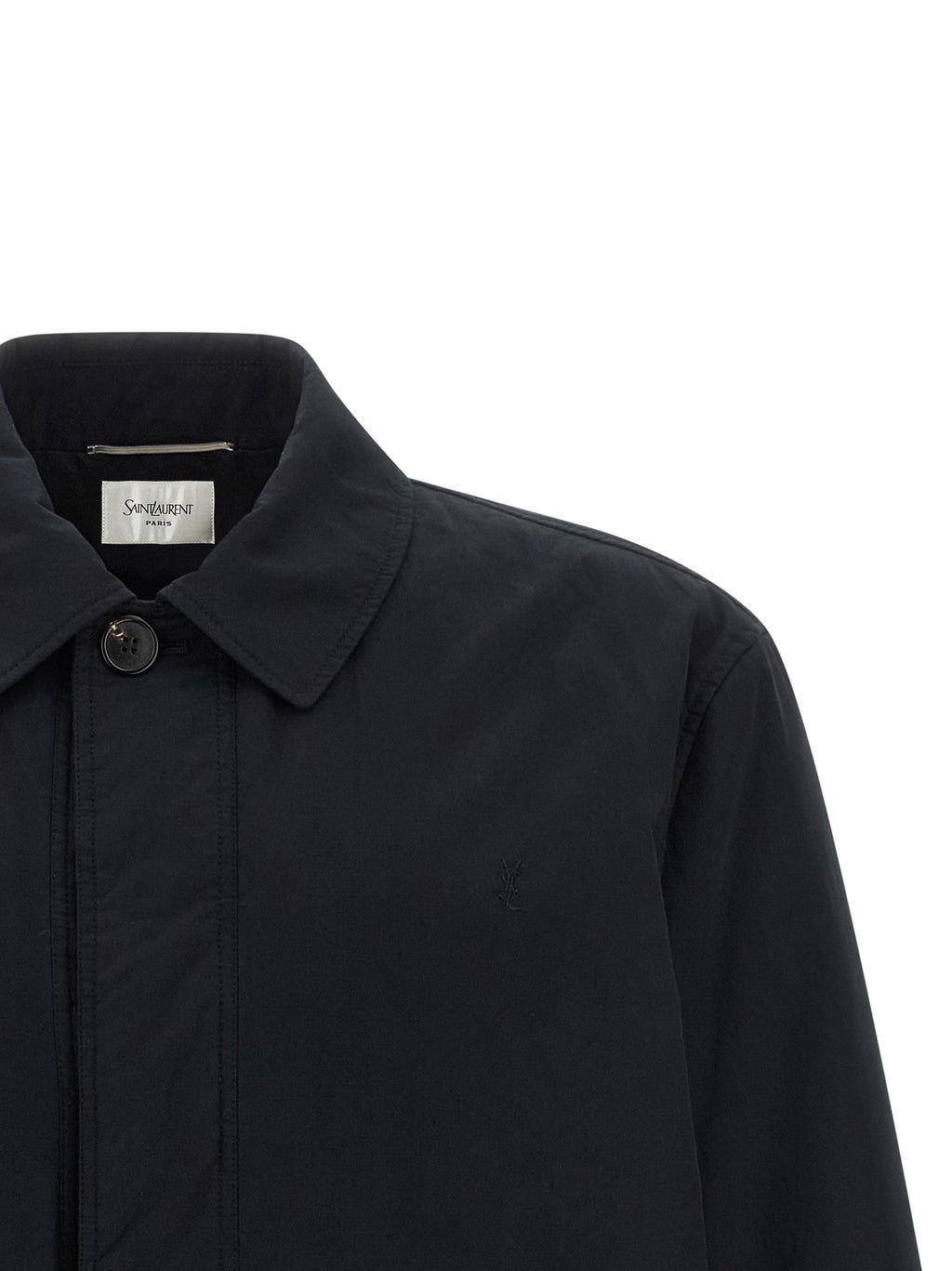Veste en coton noire Saint Laurent, coupe décontractée, fermée avec boutons, vue de face, style élégant et moderne.