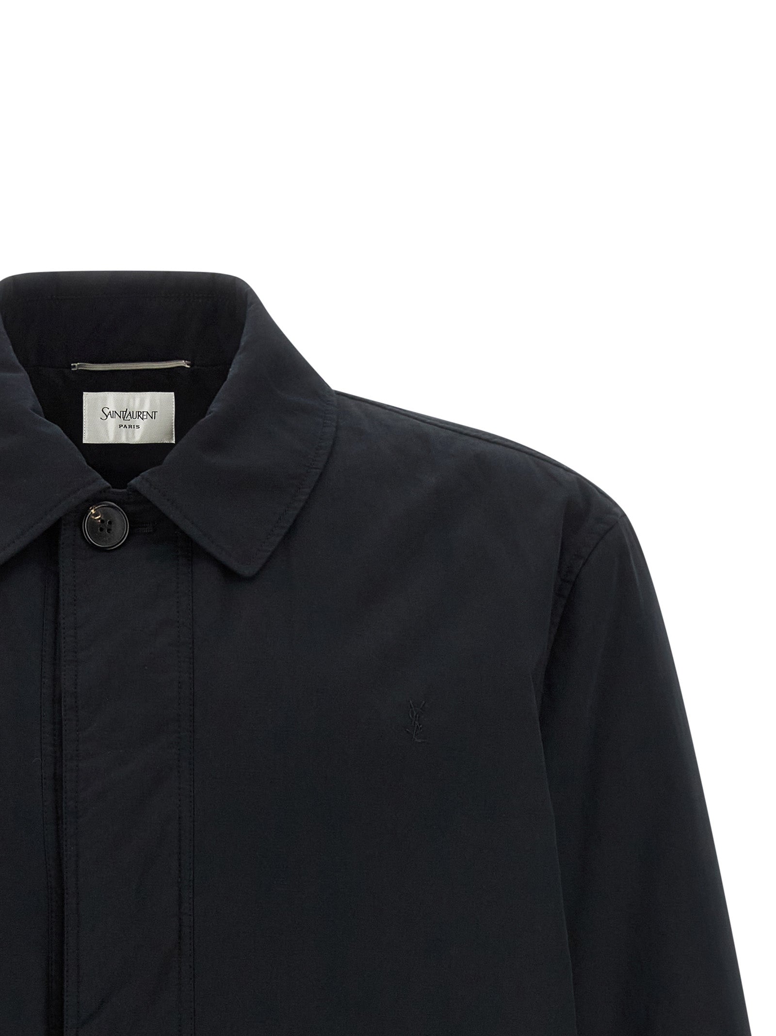 Veste en coton noire Saint Laurent, coupe décontractée, fermée avec boutons, vue de face, style élégant et moderne.