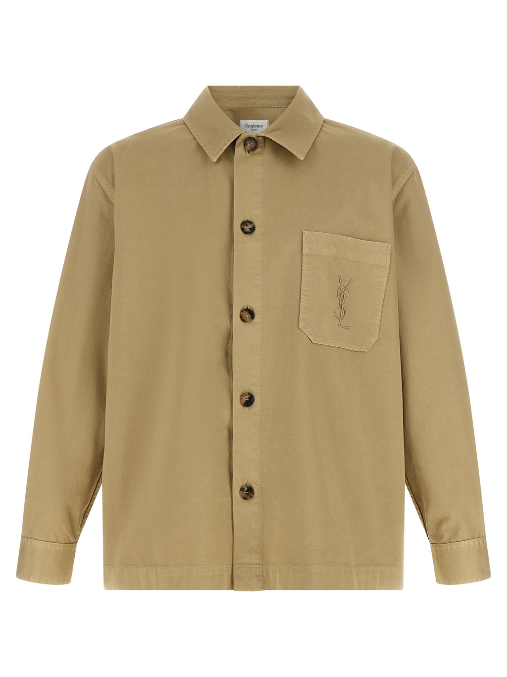 Chemise en coton beige Saint Laurent avec col classique et boutons, vue de face.