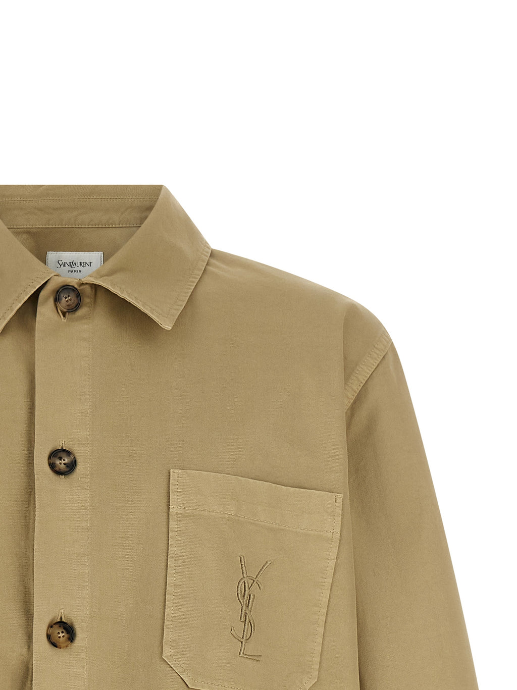 Chemise beige en coton de Saint Laurent, vue de face, avec col classique et manches longues.