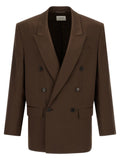Blazer en soie marron de Saint Laurent, veste élégante pour femmes, avec coupe ajustée et détails sophistiqués.